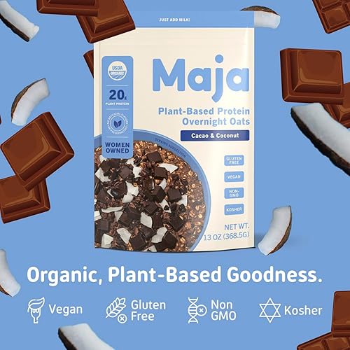 Miniatura 4 de Maja Avena orgánica durante la noche, chocolate + proteína de coco, 5 porciones (2.40 oz), avena vegana y sin gluten, deliciosa avena instantánea,