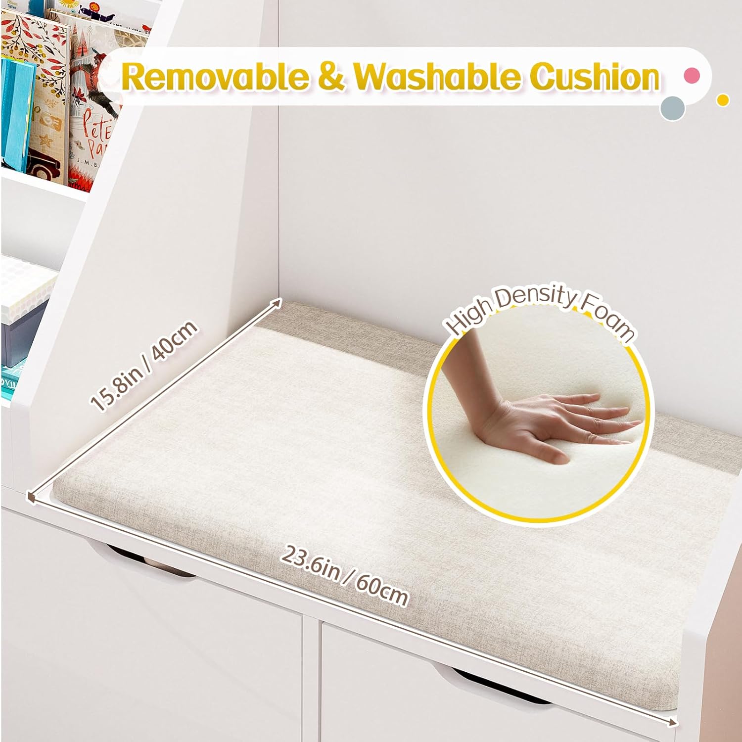 40" Kids Reading Nook with Bench, Toy Storage Organizer and Bookshelf with Seat Cushion, Kids Bookshelf with 3 Movable Drawers, Toy Storage Box on Wheels, Ideal for Nursery, Playroom, Bedroom, White - Image 6