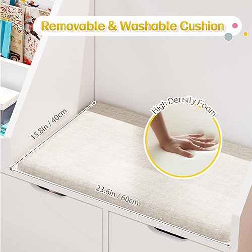 Miniatura 5 de Teckid Estantería infantil de 40 pulgadas con banco de rincón de lectura, organizador de almacenamiento de juguetes con cojín de asiento y 3 cajones