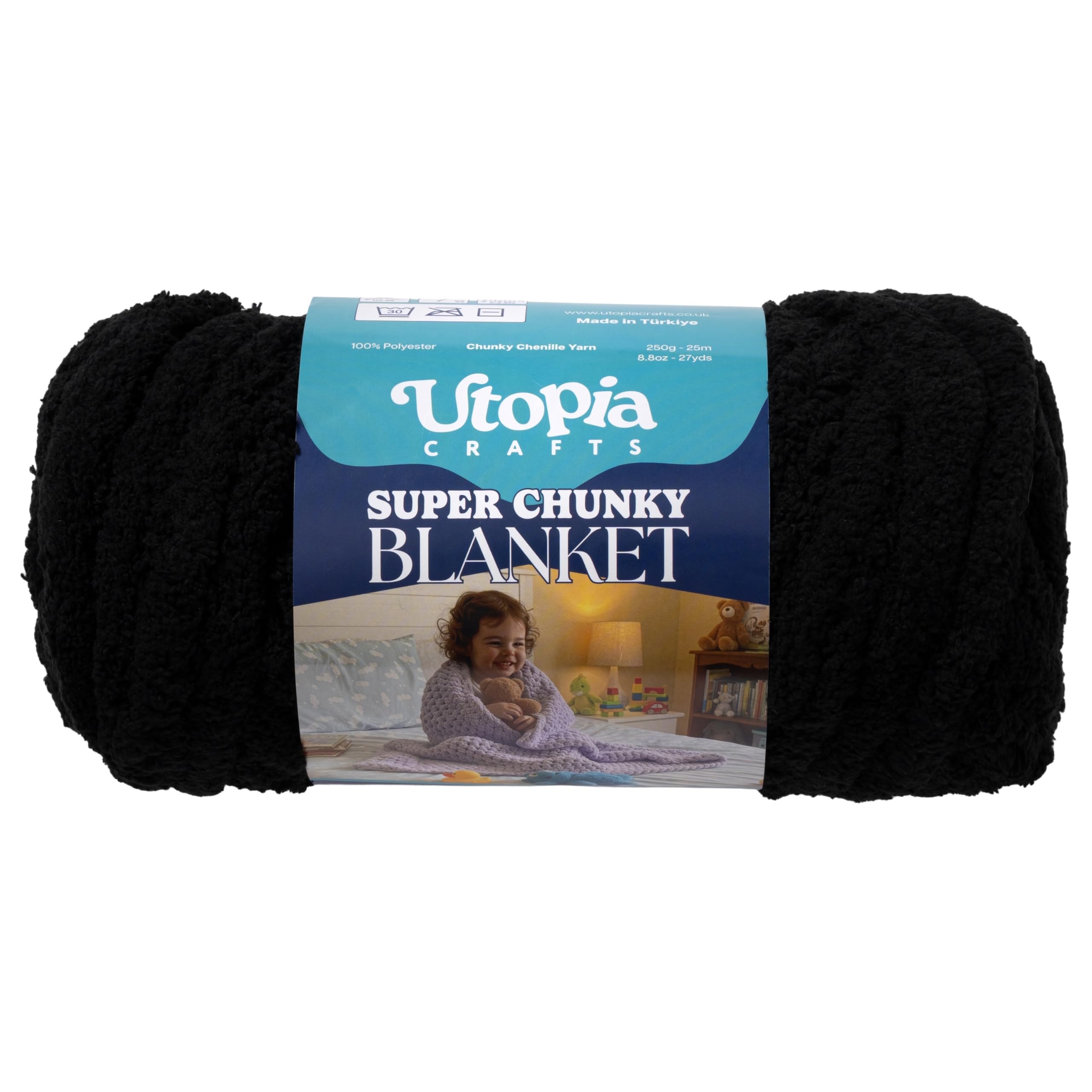 Utopia Crafts Super Chunky Blanket Yarn 250g, Soft Chenille Yarn for Arm Knitting - Thick Bulky Polyester Jumbo Yarn for Hand Knit Throw Blankets, Crochet, DIY Home Décor (Black)