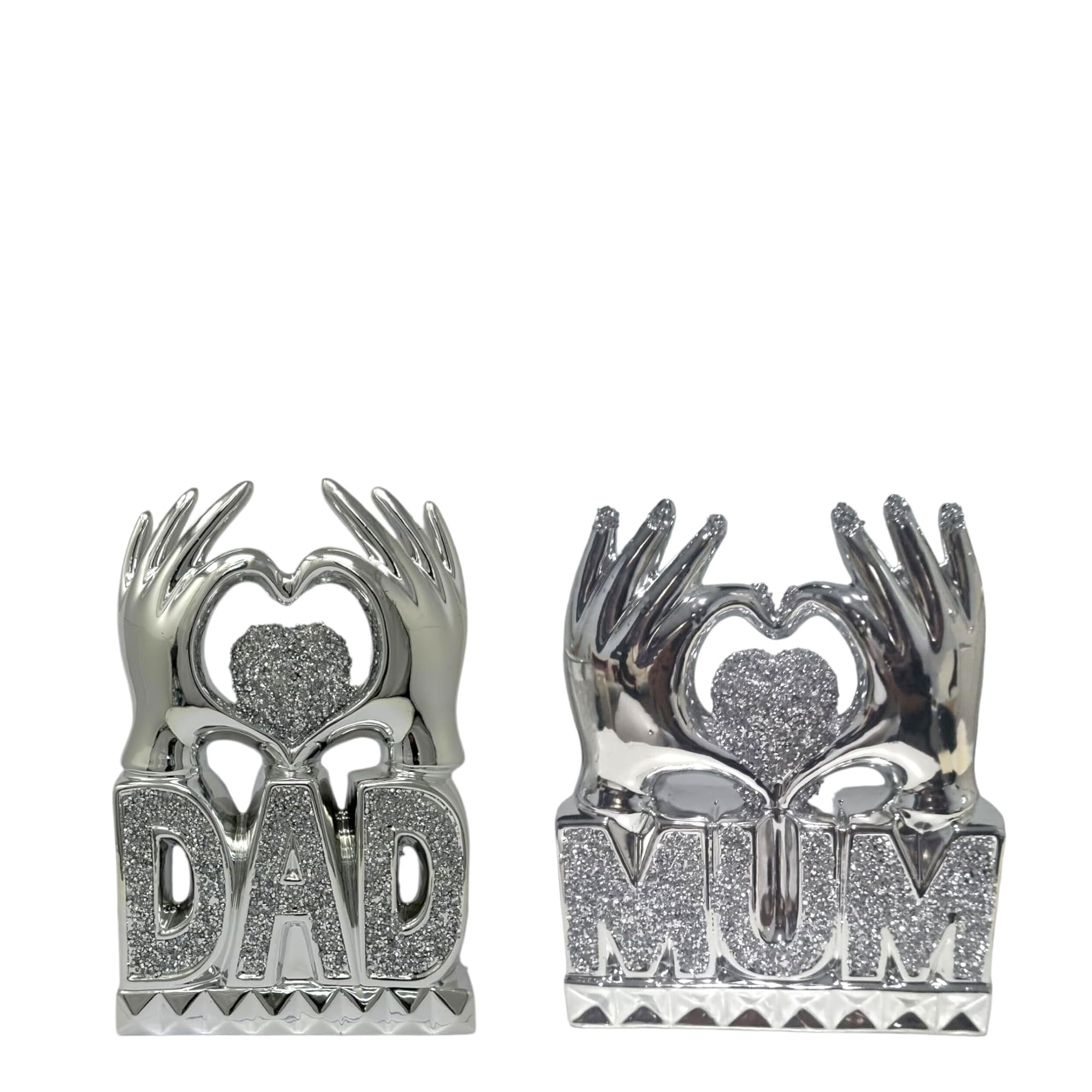SEGOY Decorative Heart Hand Sculpture, Silver Crushed Diamond with Crystal Accents, 31cm Tall, Gift for Mum & Dad Decoration (Mum And Dad)