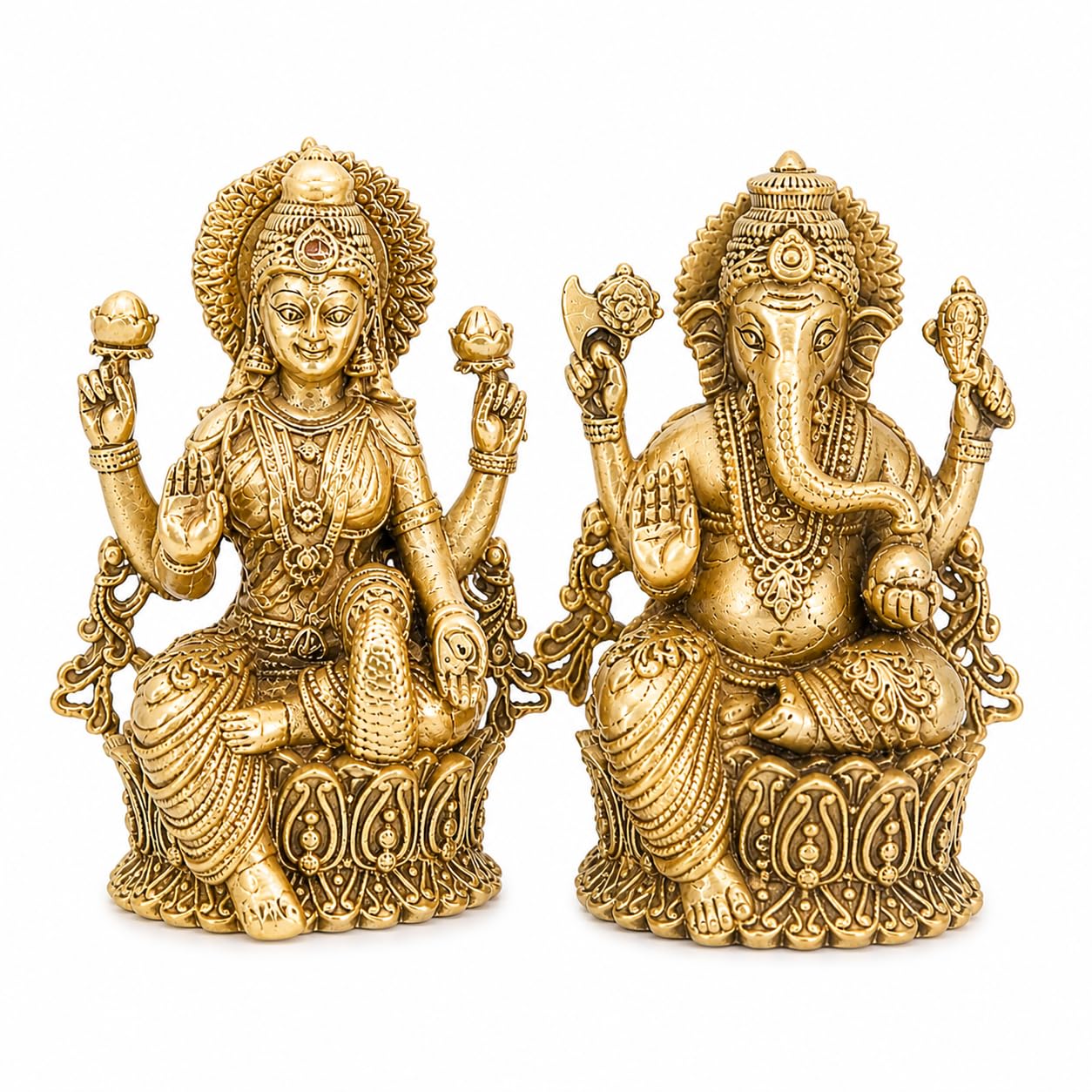 BEXCO Brass Statues, Lakshmi and Ganesha Figurines Set Height 2" inches (Approx.) Each, Lord Ganesha and Goddess Laxmi Pair for Daily and Diwali Pooja