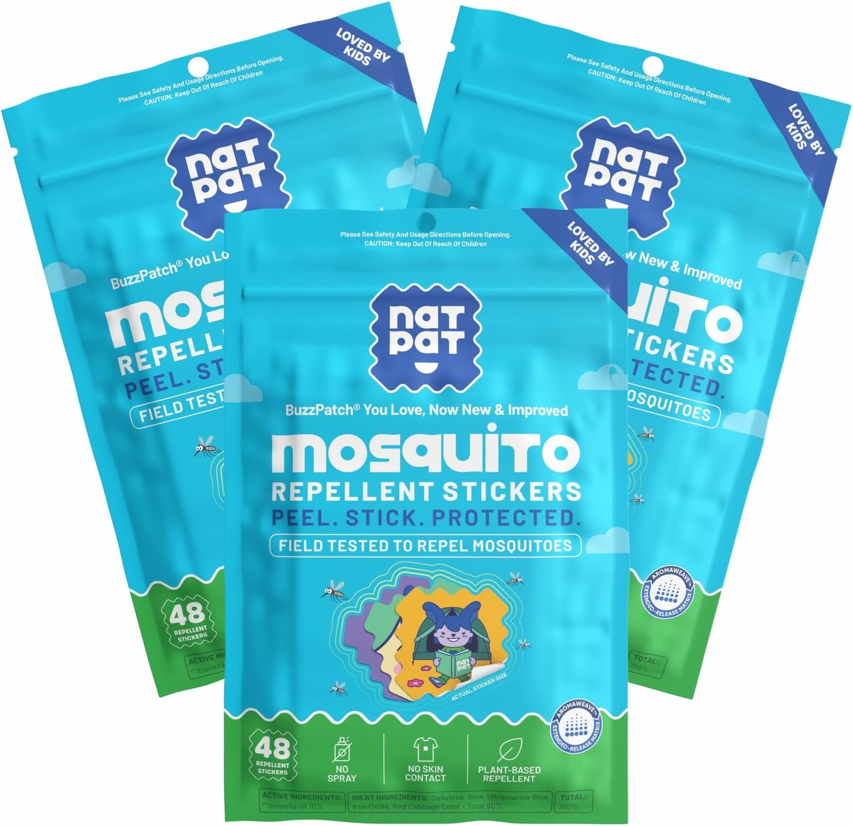 NATPAT BuzzPatch Mosquito Patch Stickers for Kids - All Natural, Plant Based Ingredients, Non-Toxic, DEET Free, Citronella Insect Patches, for Toddlers, Babies, Children (3 Pack, 144 Units)