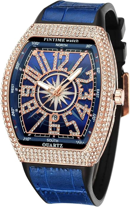 FANMIS Men's Rectangle Quartz Watch Crystal Bezel Leather Strap Calendar