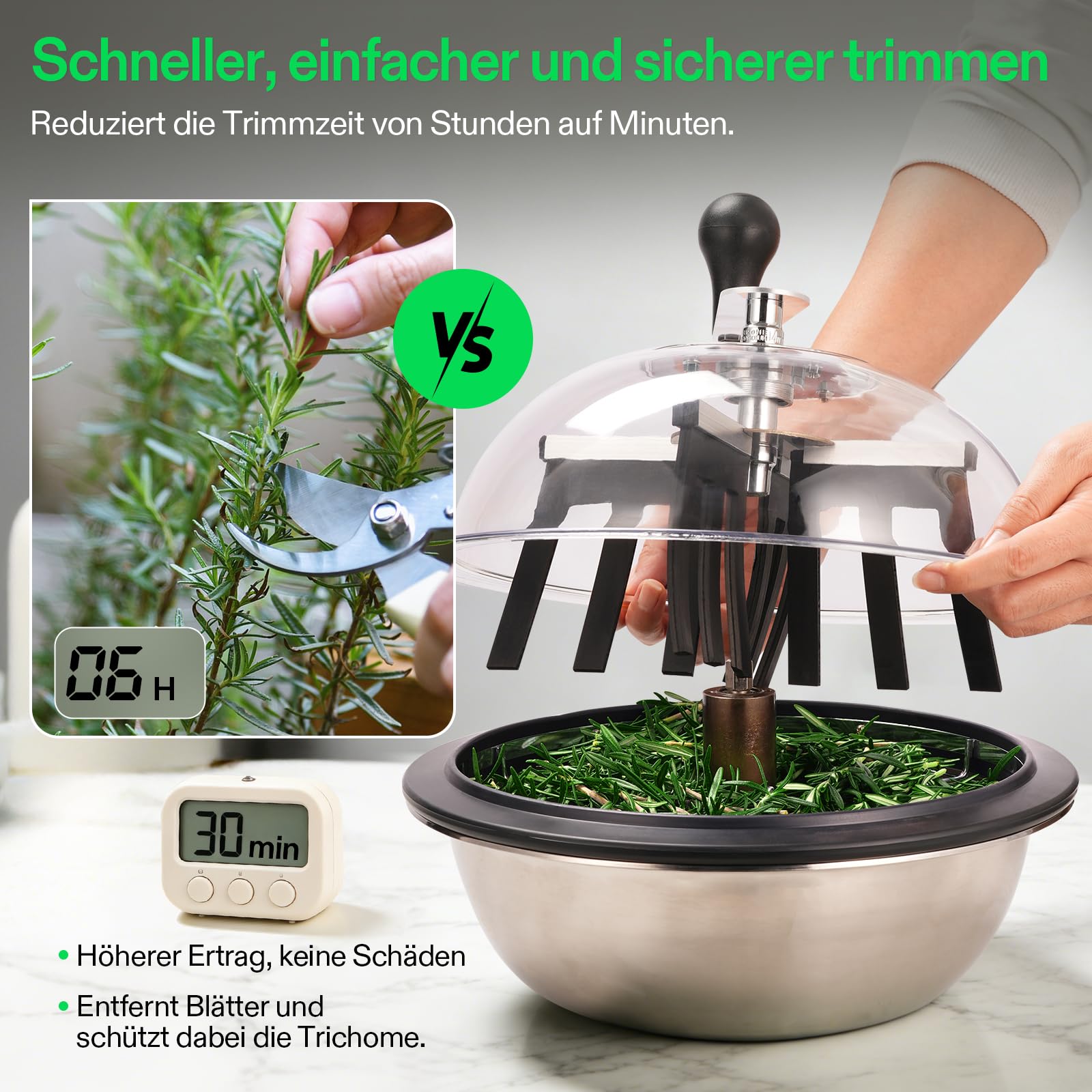 VIVOSUN 33 cm Bud Leaf Bowl Trimmer, manueller Spin-Cut-Ernteschneider mit transparenter Kuppel und Edelstahlklingen, Metallgetriebe inkl. Handschere, ideal für Indoor-Grow, Hydrokultur & Garten