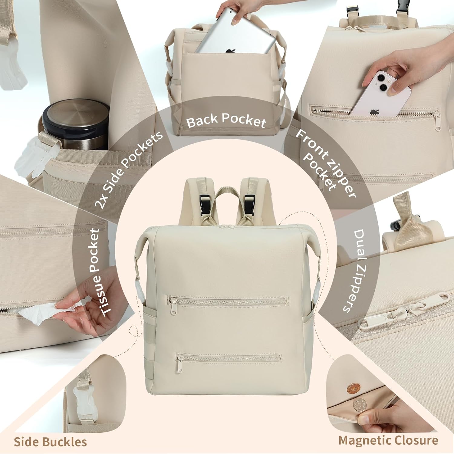 Omanmoli Diaper Bag Backpack,Large Neoprene Baby Bag for Boys Girls with 15 Diaper Bag Organizer,2 Insulated Pockets,Changing Pad,Stroller Straps,White