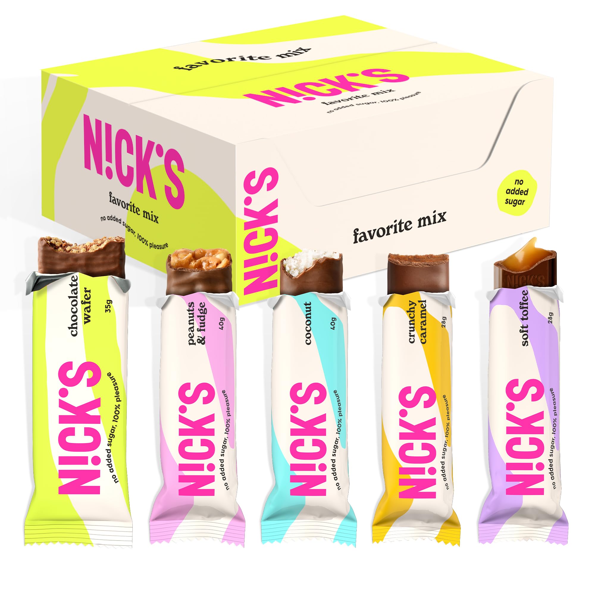 NICKS Chocolate bar Favourite Mix Variety Box, Keto Snack Bars No Added Sugar Gluten Free Candy Bars Low carb Sweets (12 x Chocolates)