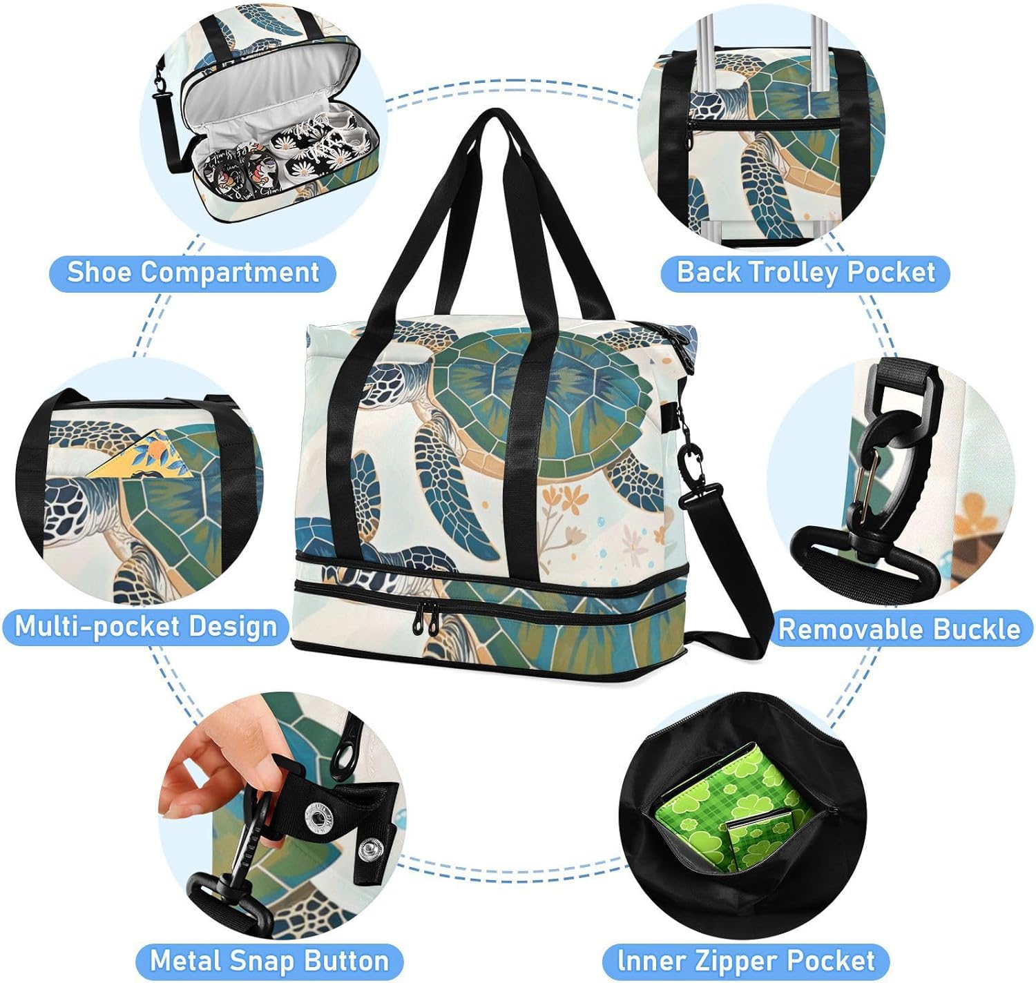 Blue Red Turtle Personal Item Travel Bag Sports Gym Tote Bag with Toiletry Bag for Trekking Waterproof