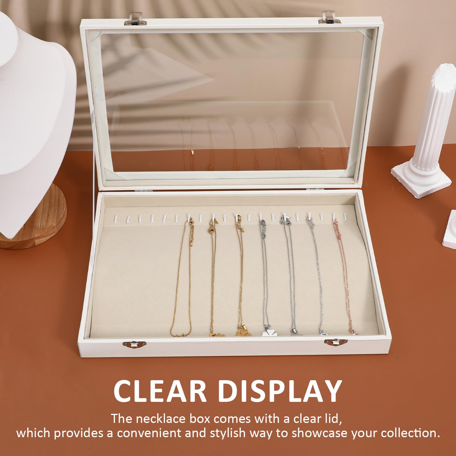 Abaodam Bandeja para Collares de Madera Tapa Transparente, Organizador de Joyas para Mujer, Caja Expositor Compacta para Cadenas y Almacenamiento Seguro