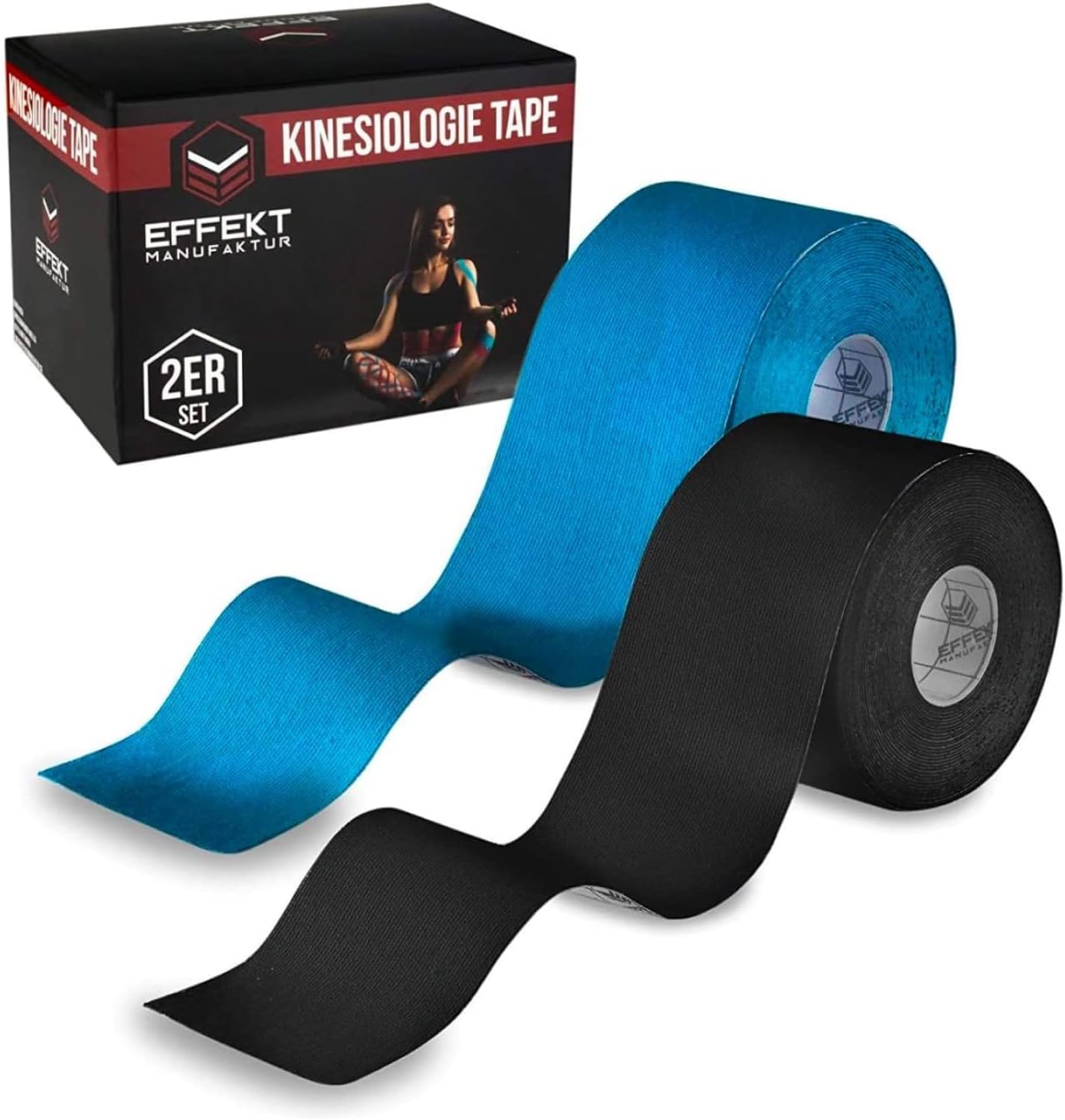 Effekt Kinesiology Tape Waterproof (5 m x 5 cm), 2 Roll - Elastic Physio Tape for Muscle Support and Injury Recovery, Medical Tape, Sports Tape Strapping Durable Kinesthetic Tape (Blue + Black)