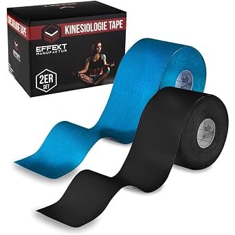 Effekt Manufaktur Kinesiology Tape Waterproof 16 ft x 2 in, 2 Rolls - Elastic Physio Tape for Muscle Support and Injury Recovery, Medical Tape, Kinetic Tape, Durable Kinesthetic Tape Blue + Black