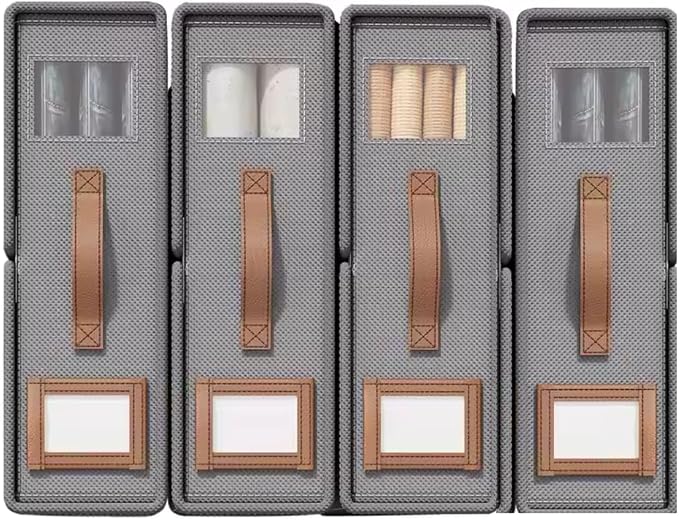 Pack of 4 Bed Sheet Organizers and Storage - Foldable Storage Box with Label holder & Clear Window – Durable Fabric, Perfect for Closets & Easy Organization - For Sheets, Blankets & Towels (Gray)