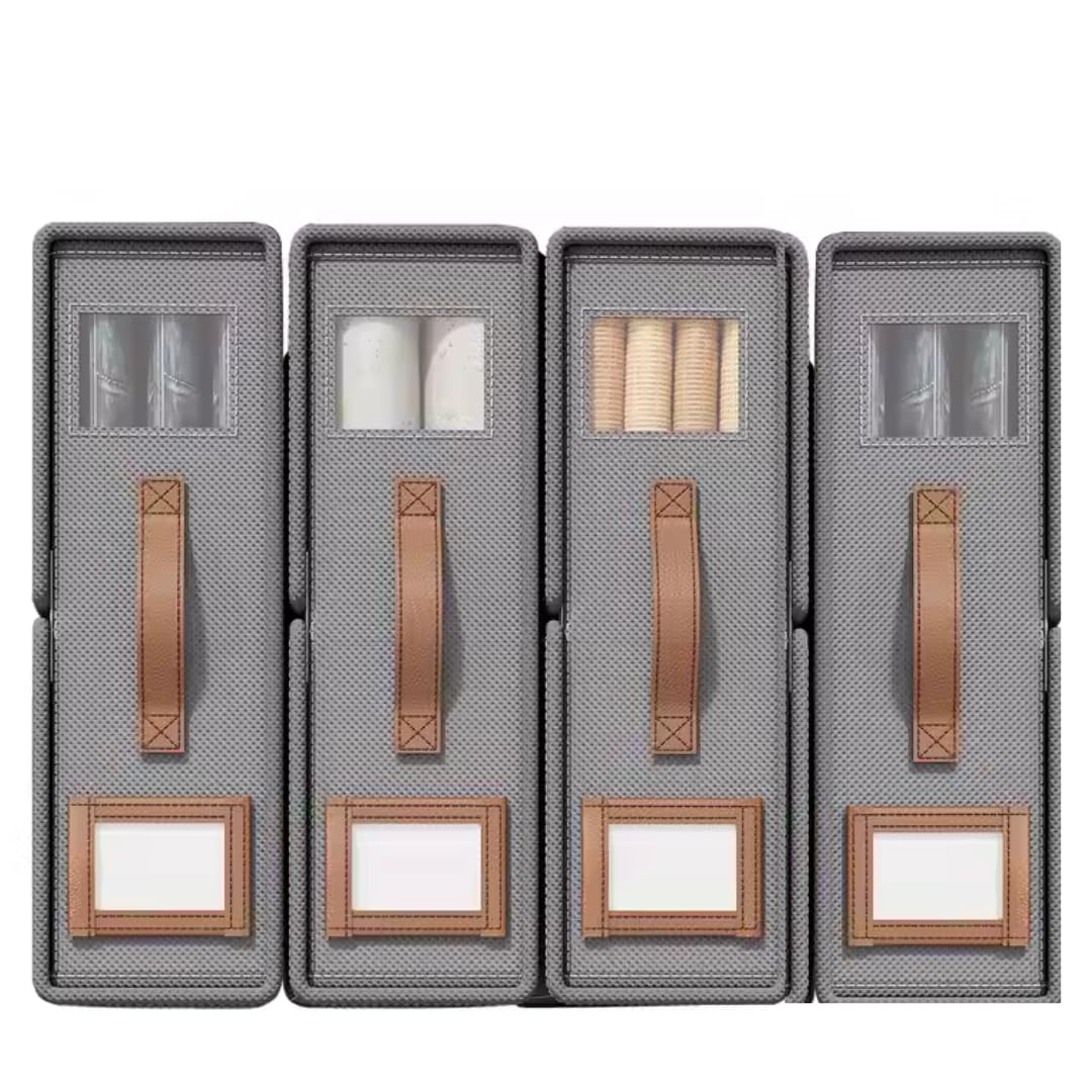 Pack of 4 Bed Sheet Organizers and Storage - Foldable Storage Box with Label holder & Clear Window – Durable Fabric, Perfect for Closets & Easy Organization - For Sheets, Blankets & Towels (Gray)