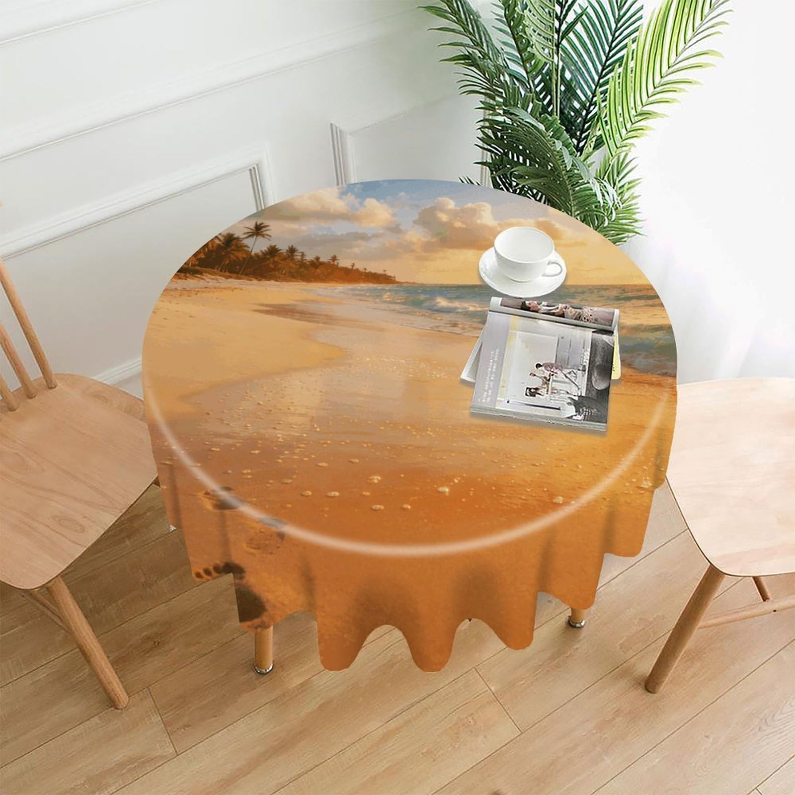 LZQPOEAS Beach Tablecloth Easy to Clean Polyester Round Table Cover Washable Round Table Cloth Wrinkle-Free Circle Decoration Tablecloth for Kitchen and Dining Room 60"