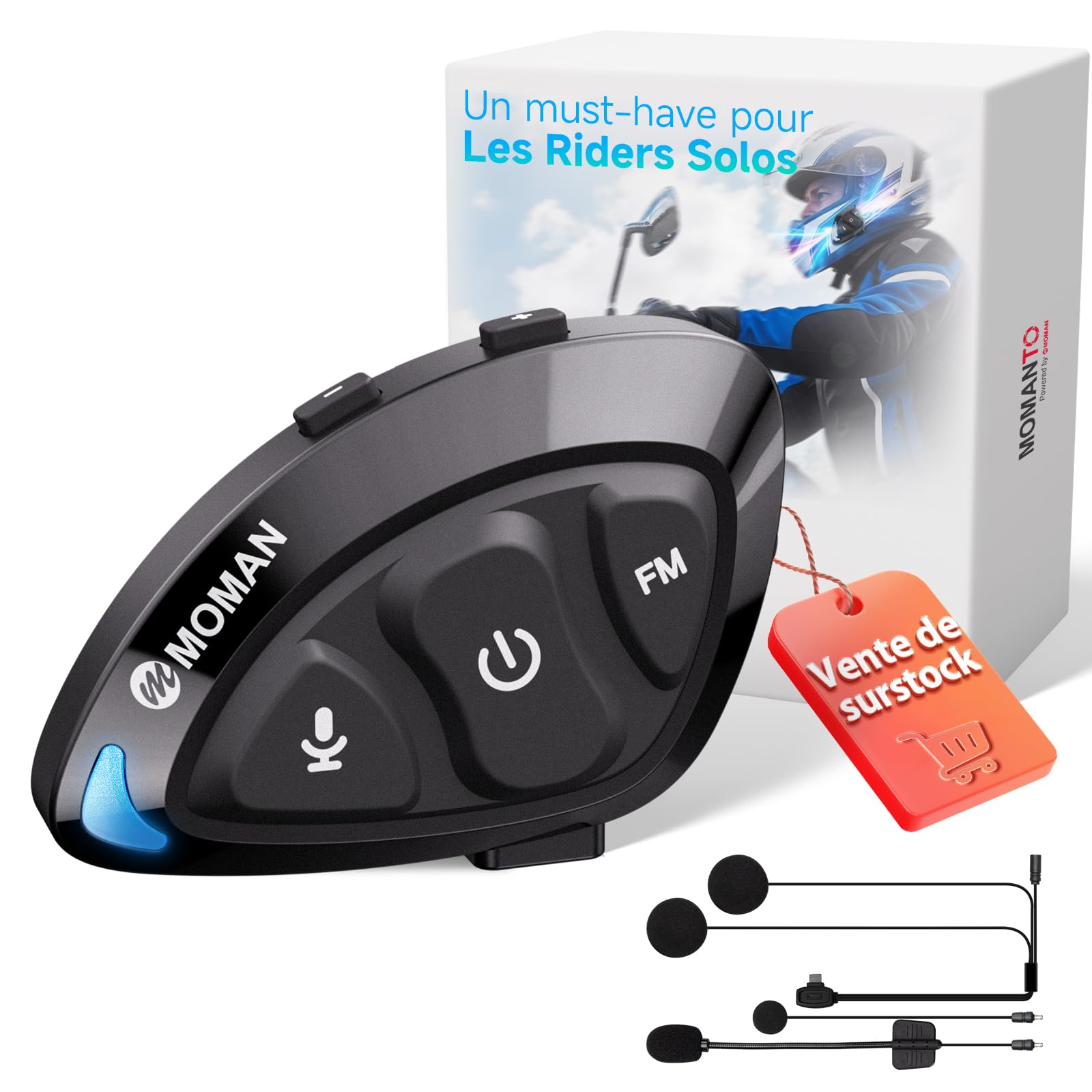 Moman Écouteurs Casque Moto, RS-S Compact Kit Main Libre Moto sans Fil 5.1 Casque Scooter Haut-Parleurs Hi-FI Réduction du Bruit Radio FM/Bouton Adapté aux Gants/IA Commande Vocale/IPX6 Étanche