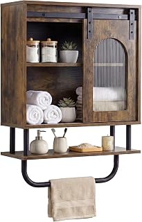 Bathroom Wall Cabinet, Wooden Over-The-Toilet Storage Cupboard with Sliding Barn Door, Shelves and Towel Bar, Bathroom Unit Wall Mounted Medicine Cabinet for Living Room Kitchen (Rustic Brown)
