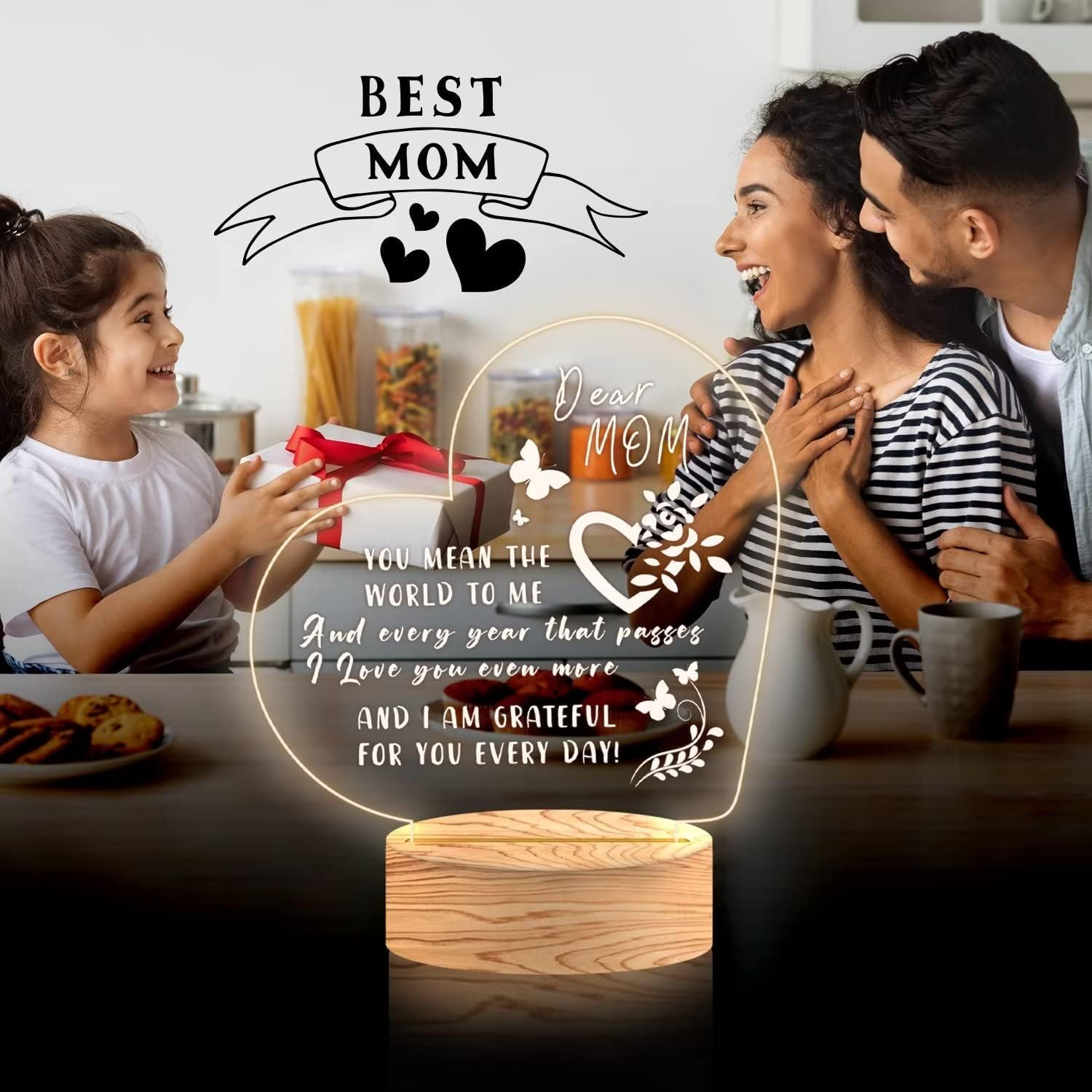 Night Light for Mom Birthday Gift from Daughter Son, Engraved Acrylic LED Night Lamp for Mother's Day, 3D Illusion Light for Mom on Christmas Thanksgiving