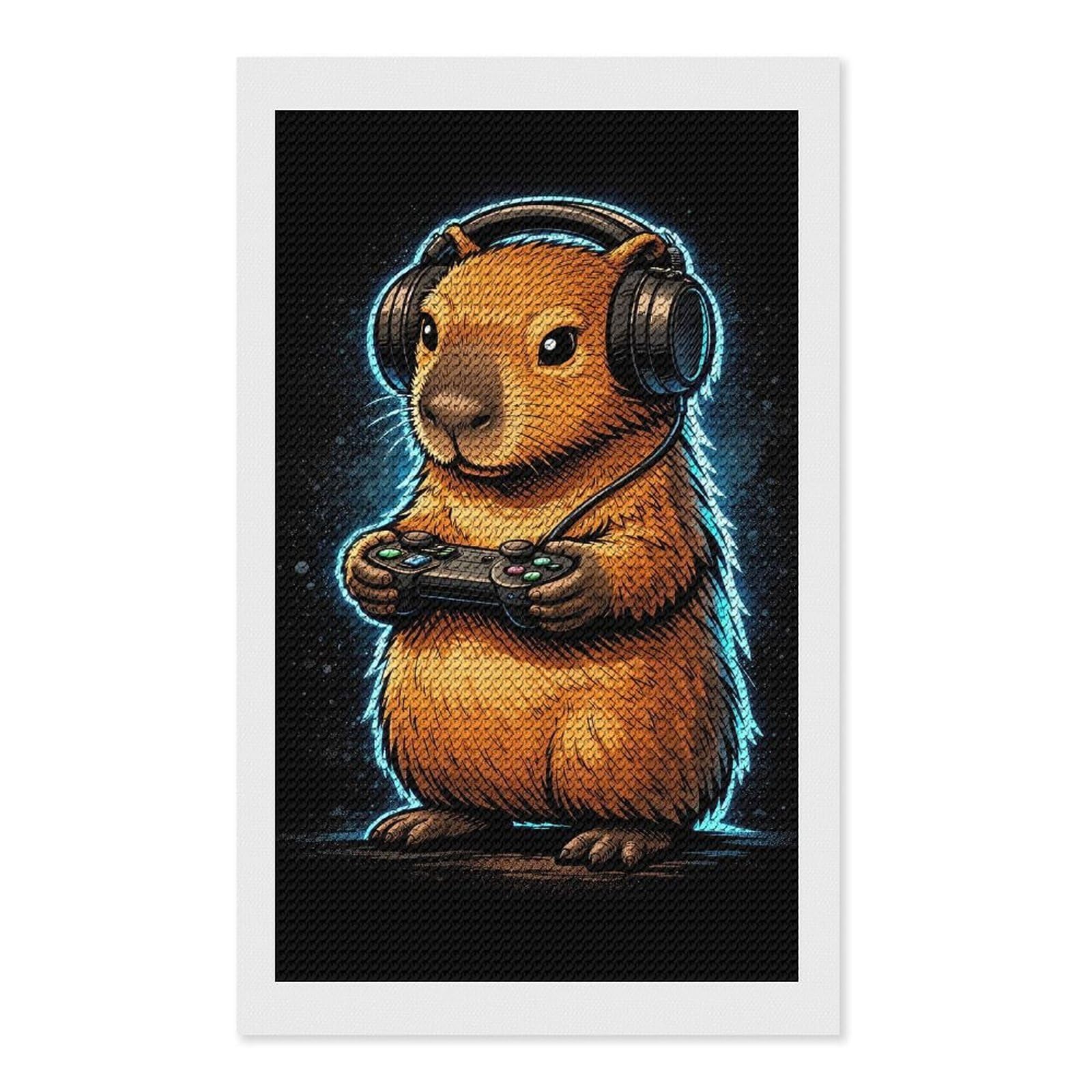 Junmoney Capybara Gamer with Headset Diamond Art Kit 12"x20", Modern Decor, for Adults, Printed Canvas, Holiday Gift Idea, Fun Craft Experience