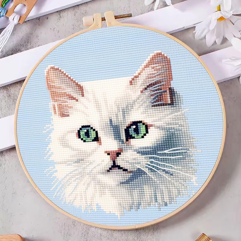 DIY Cross Stitch Kits White Cat with Hoop 11CT Needlepoint Embroidery Stamped Counted Cross Stitch Set Craft Wall Decor 20x20cm-4