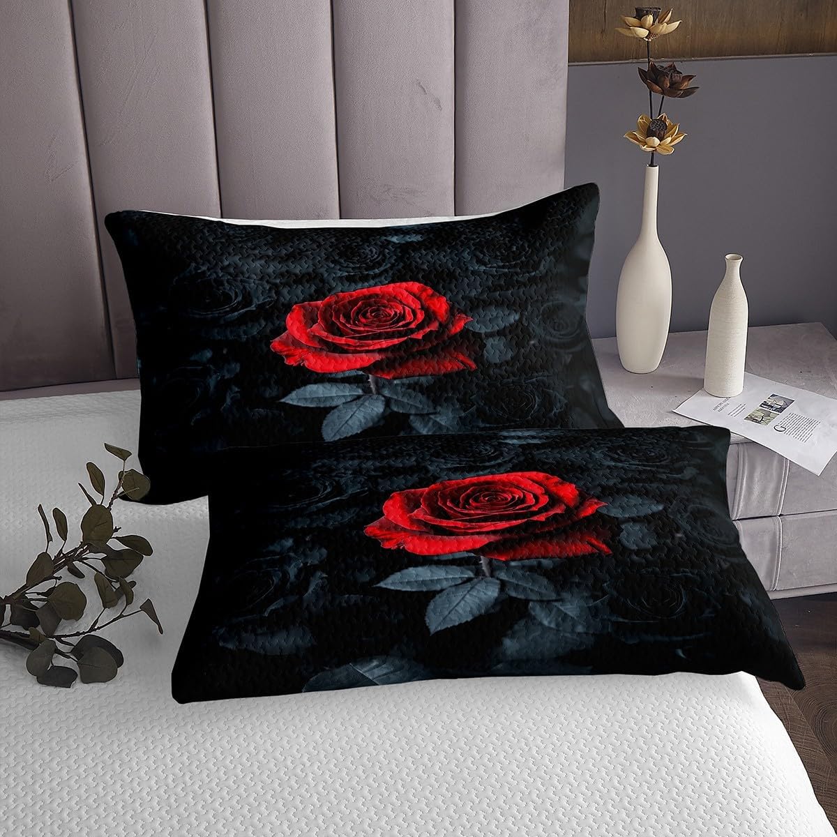 Feelyou Red Black Rose Bedspread Twin Size Rose Floral Flower Quilted Coverlet Garden Flower Coverlet Set Romantic Valentine's Day Quilted Room Decor