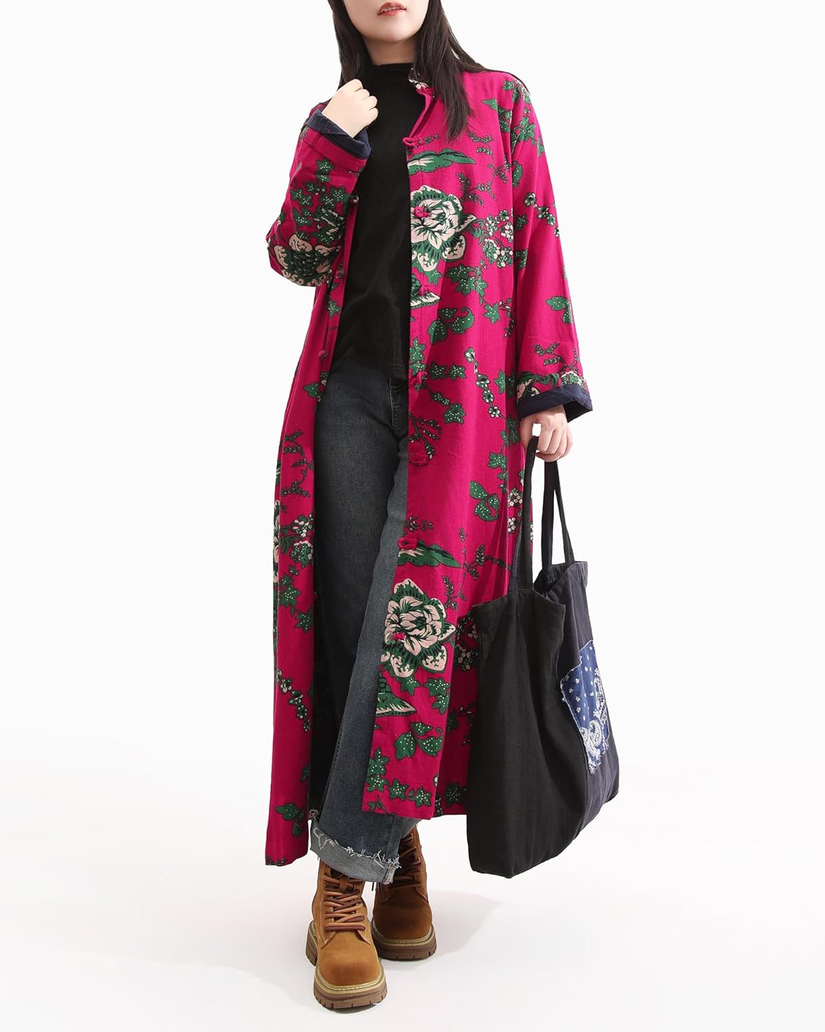 LZJN Women's Vintage Floral Trench Coat Plus Size Cotton Linen Boho Long Jacket with Pockets Outerwear - Image 4