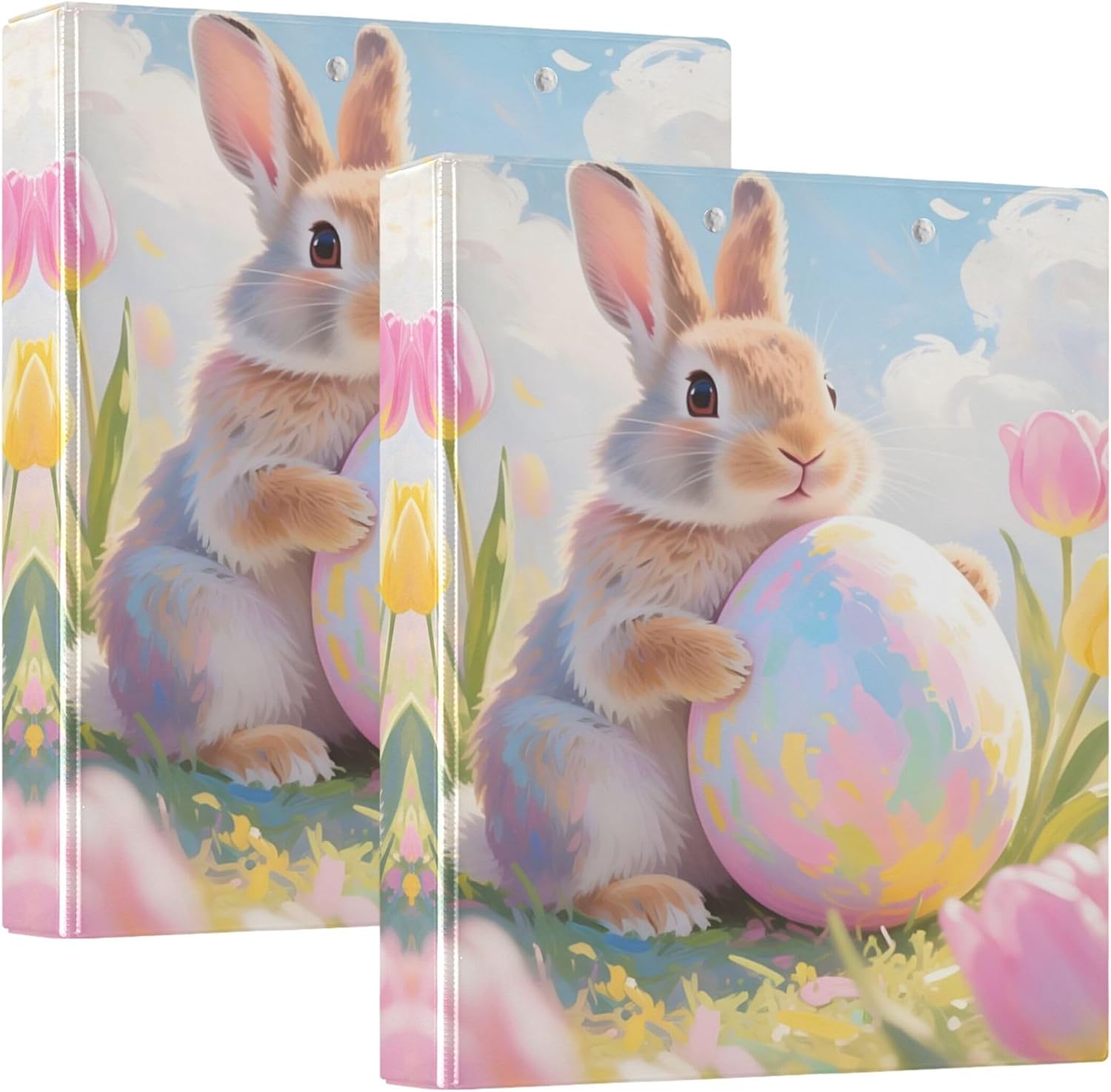 Happy Easter Bunny Eggs 3 Ring Binders, 1.5” Round Ring Binders with Clipboard - Letter Size, 3 Interior PVC Clear Pockets & Anti-Slip Clip for Office School Supplies, 2PCS