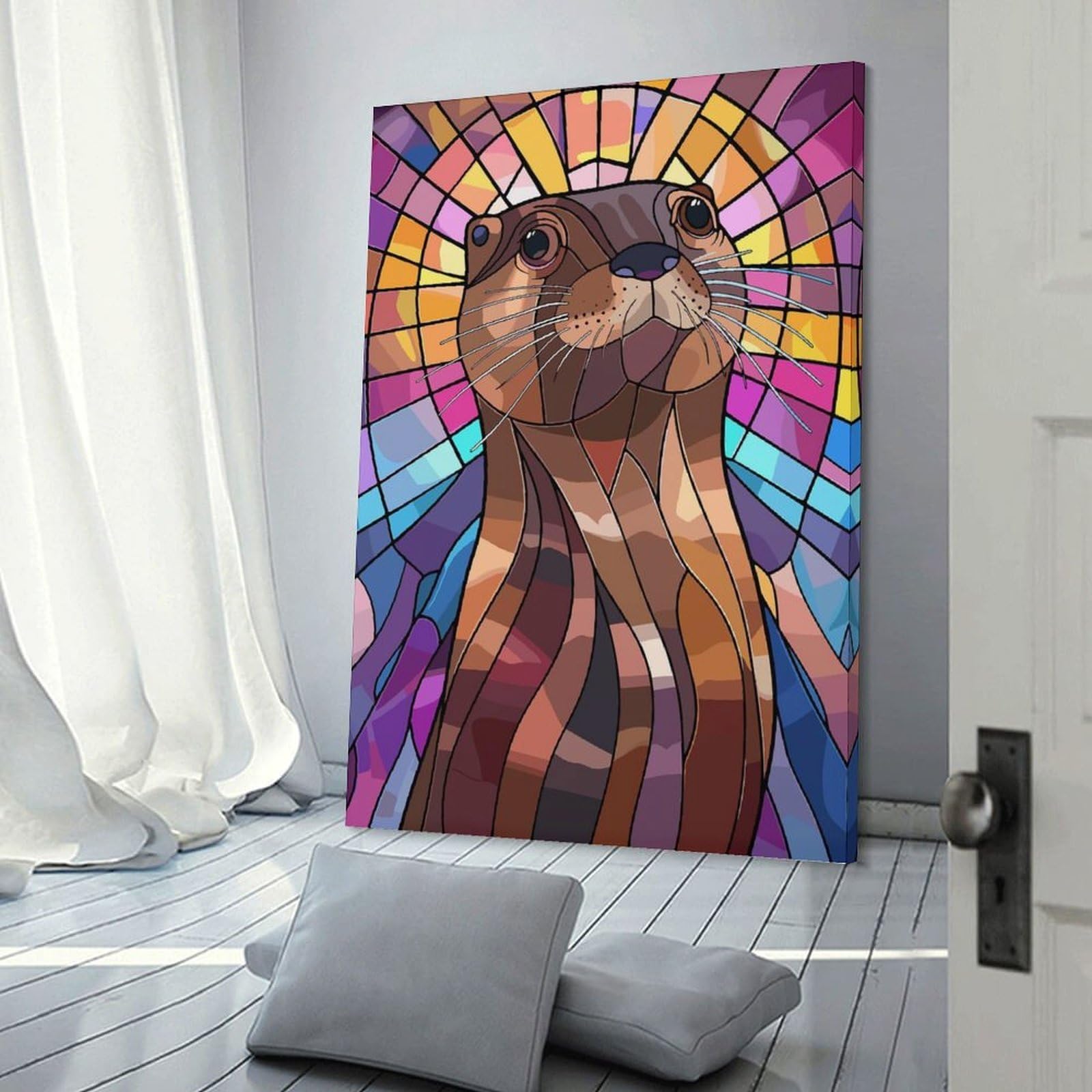 Junmoney Stained Glass Otter Portrait Canvas Wall Decor, 16x24inch(40x60cm), for Gallery Wall Decor And Room Displays, Wall Decor Suited to Curated Displays