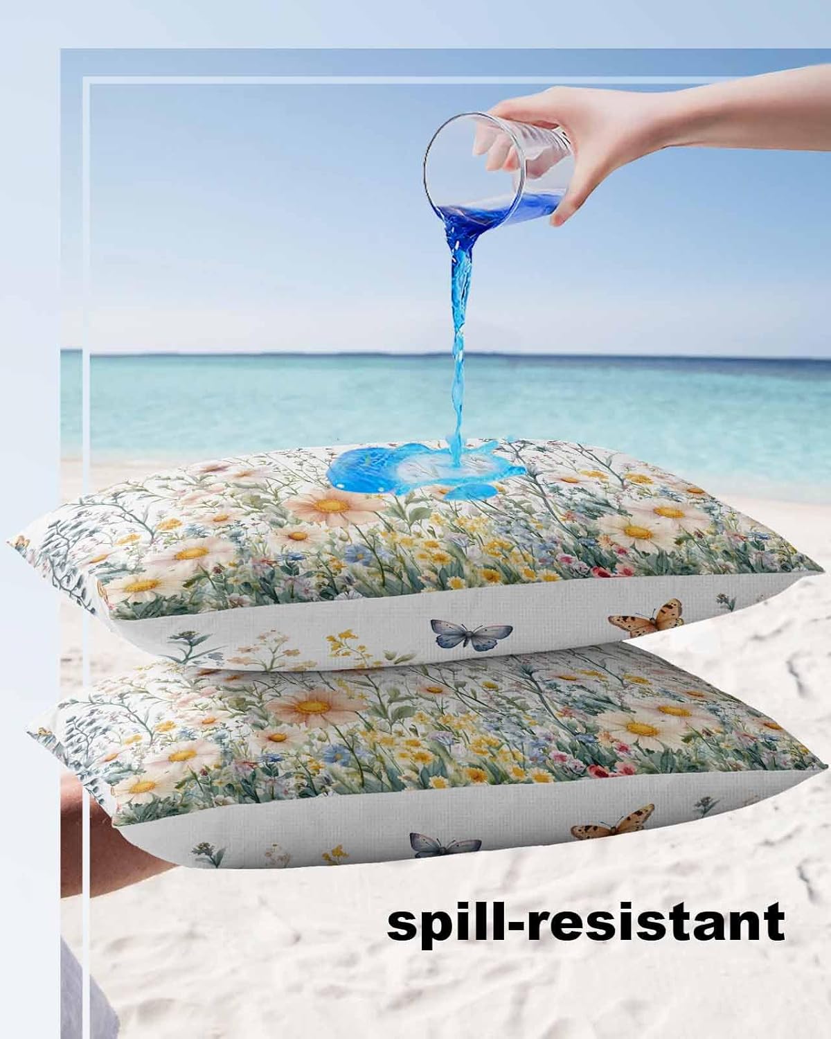 Outdoor Waterproof Pillow Covers Watercolor Daisy Floral Butterfly Decorative Throw Pillow Protectors, Wildflower Farm Pastoral Pillowcase Cushion Cases for Patio Sofa Garden Couch,20x12IN,Pack of 2