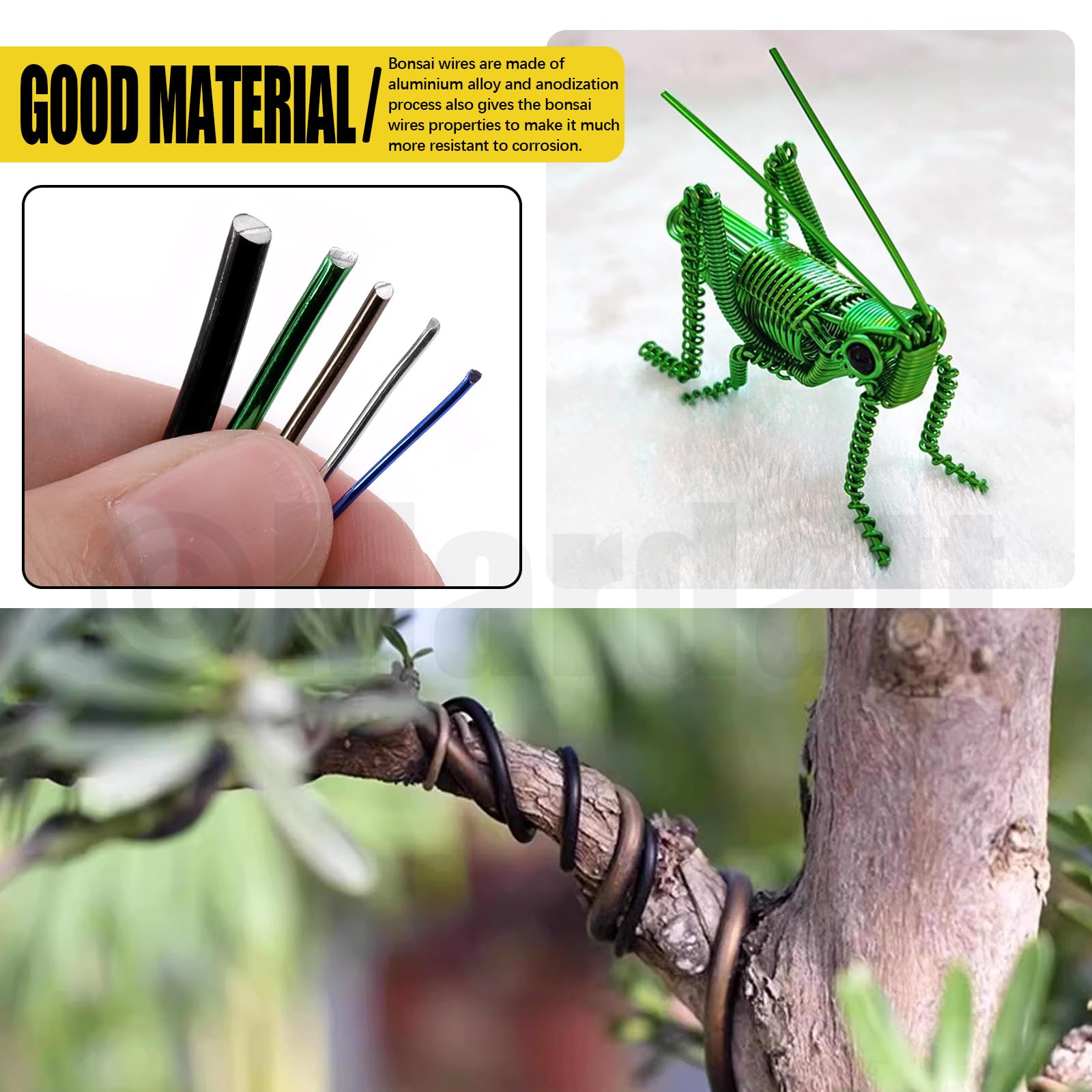 Kit di 6 fili per bonsai da 0,8 mm, 1 mm, 1,5 mm, 2 mm, 3 mm, filo di alluminio anodizzato, filo di alluminio per bonsai con tronchi per la progettazione di rami di bonsai