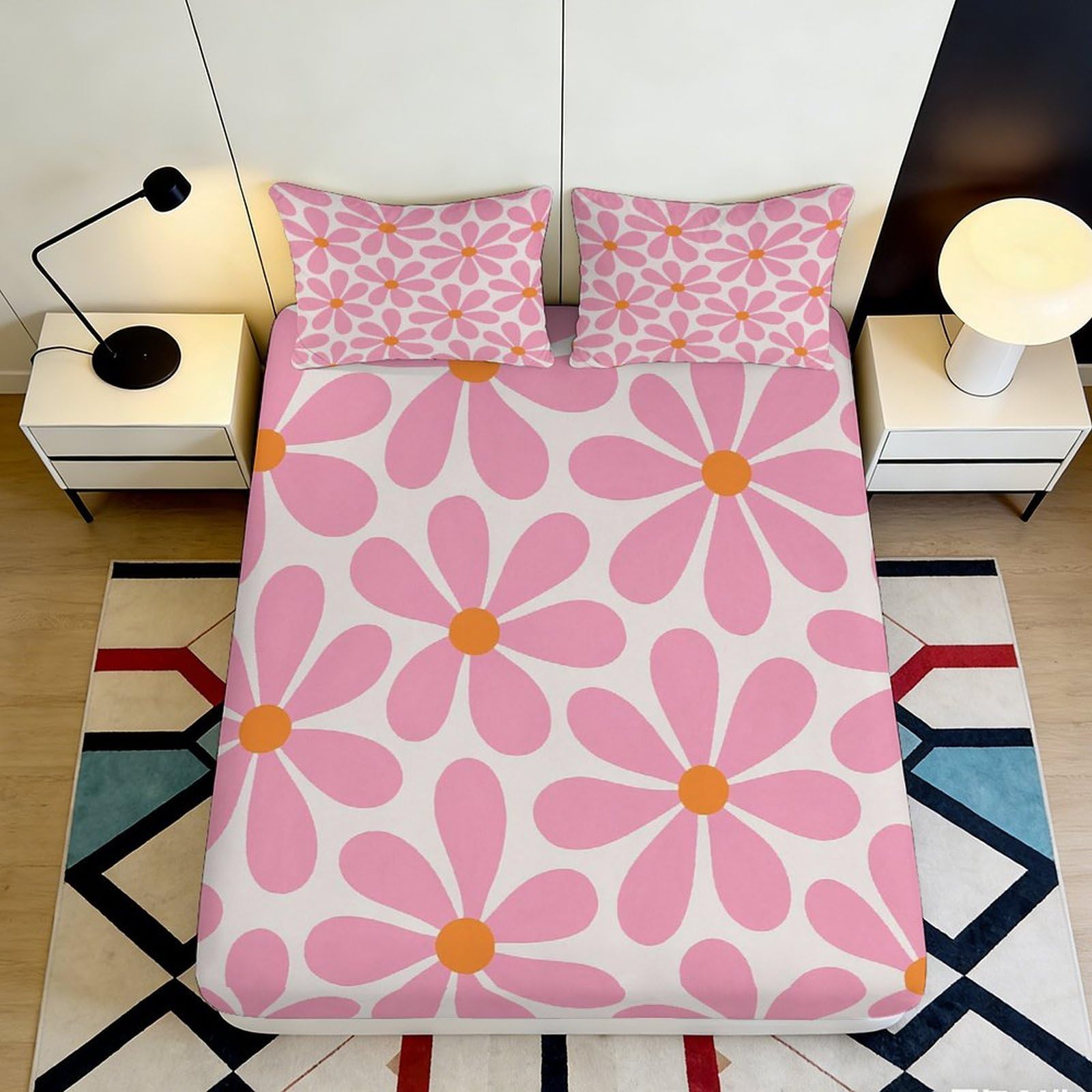 3D Printed Pink Daisy Fitted Sheet Microfiber Non Slip Floral Mattress Cover for Bedroom Dorm Room Easy Care Washable 90x200x25cm