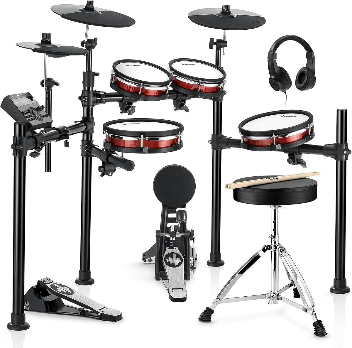 Batería electrónica DED-200 MAX con parches de malla estándar de la industria, caja de 10", tom de 8", tom de 10", crash de 12", más de 450 sonidos auténticos para un rendimiento y una sensación óptimos NUEVO