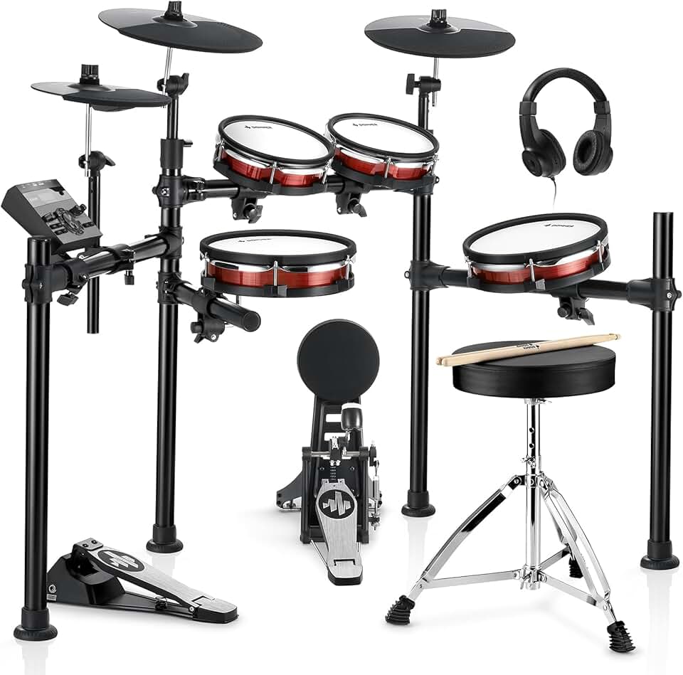 Donner DED-200 MAX Conjunto de bateria eletrônica com tambores com peles de malha padrão profissional, caixa de 10", tom 3 de 10", prato (crash) de 12", mais de 450 sons autênticos para desempenho