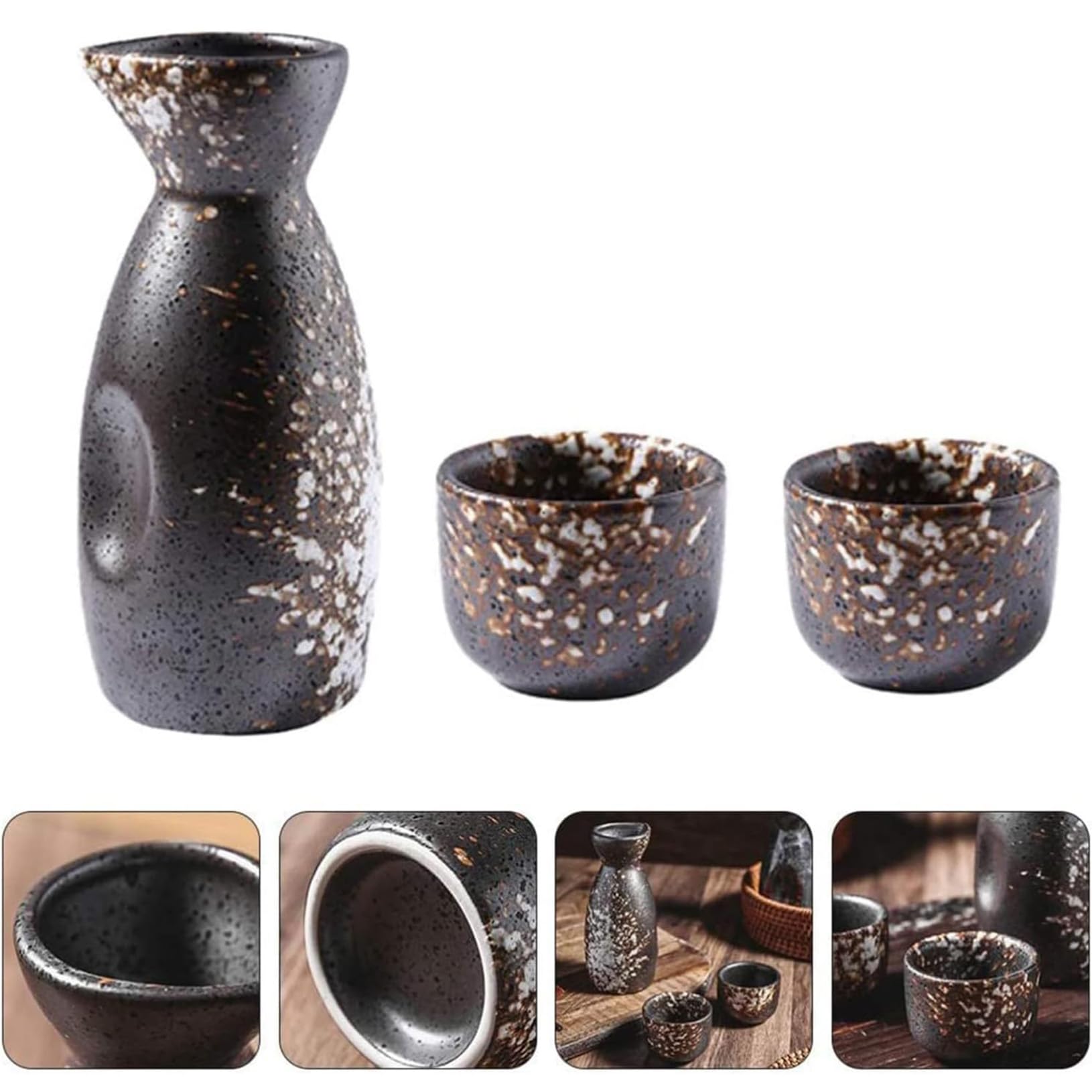 Service à saké Japonais Traditionnel Vintage en céramique, 5 pièces, Comprenant 1 Pot à saké et 4 Tasses à saké.