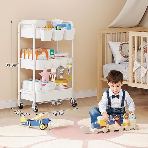 Miniatura 4 de Organizador y almacenamiento de pañales para bebé, carrito rodante de 3 niveles con ruedas para artículos esenciales para el cuarto del bebé,