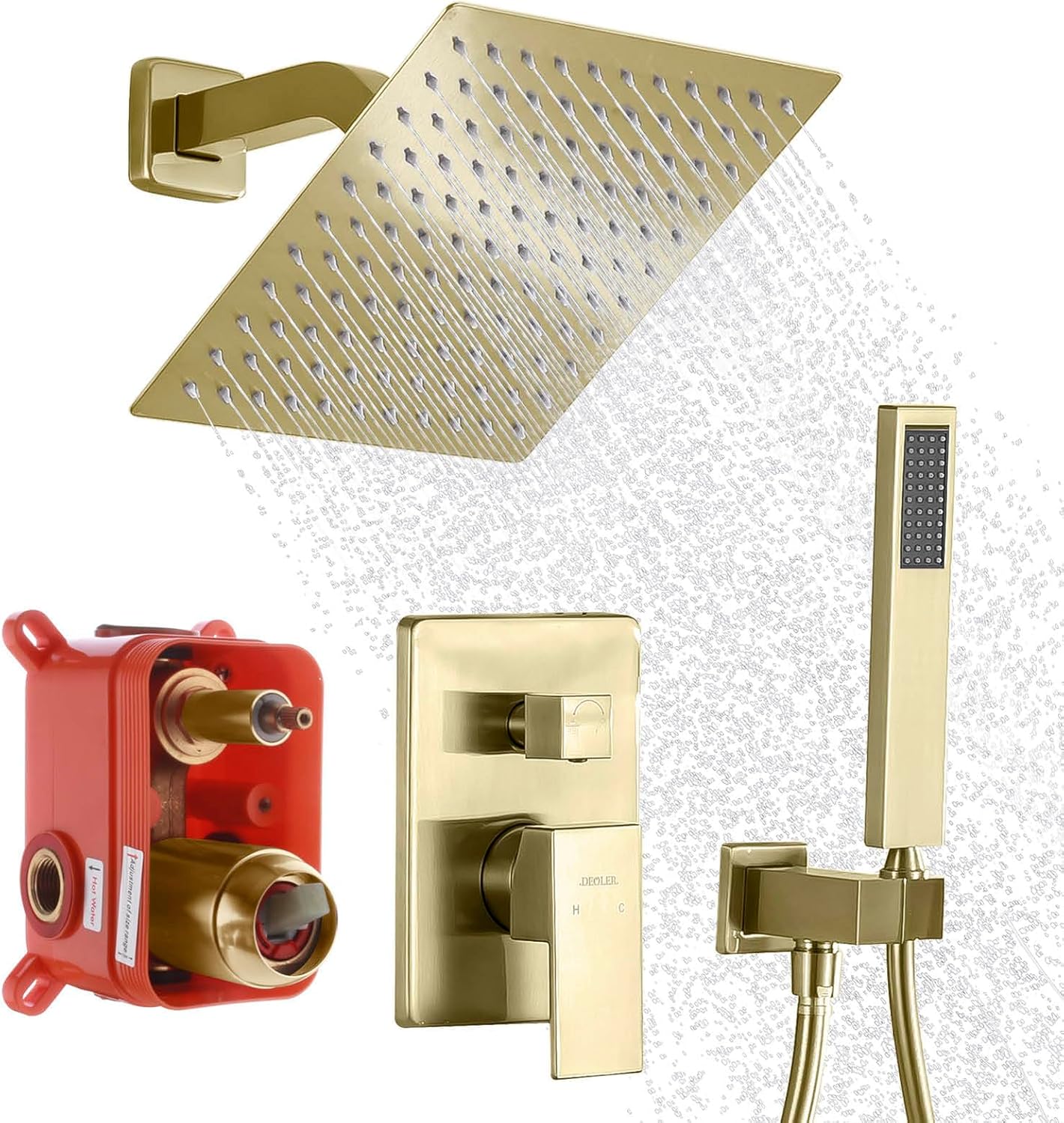 Rain Shower System with Handheld Shower, Bathroom Shower Faucet set 10 Inch Wall Mounted Bathroom Luxury Rainfall Mixer Shower Combo Set with Valve and Trim Kit, Brushed Gold