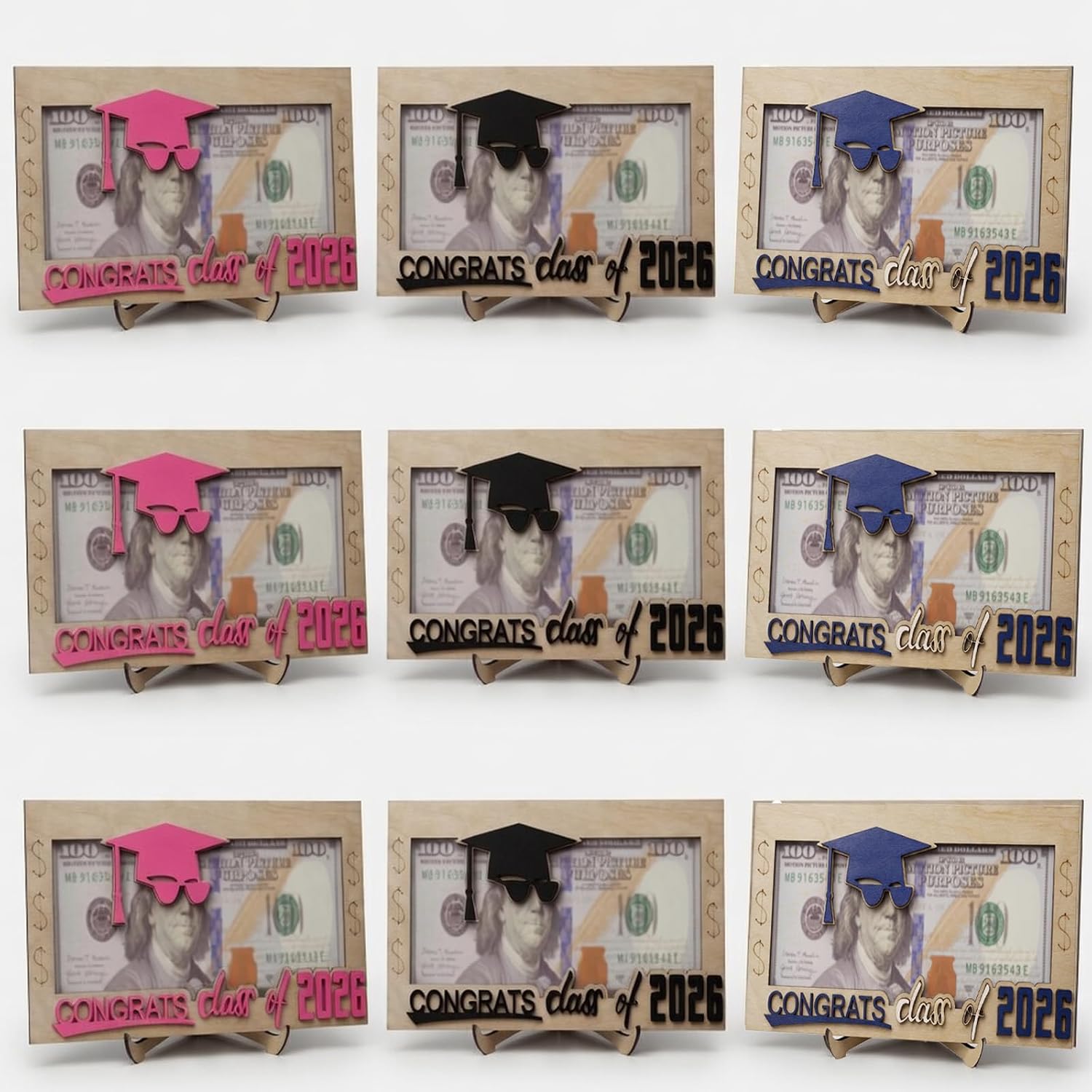 Graduation Money Holder for Class of 2026, Wooden Cash Gift Holder Box, Graduation Cash Envelope Card for High School Senior College 2026 Graduate Student Gift (9pcs)