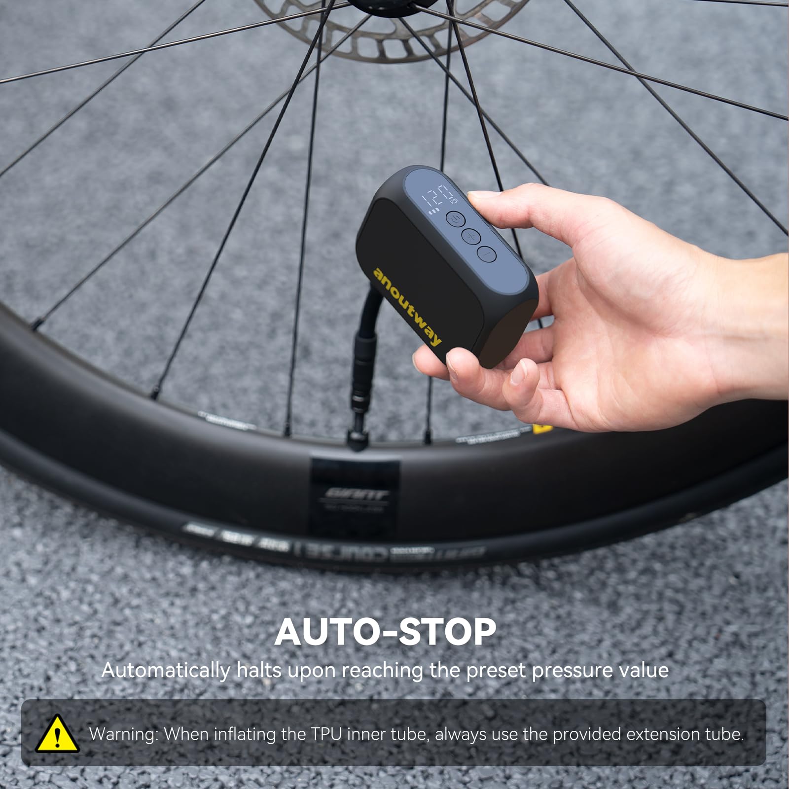 anoutway Tiny E-Pump pompa per bicicletta, mini pompa per pneumatici da bicicletta portatile, spegnimento automatico, pompa per bicicletta elettrica MAX 120 PSI per valvola Schrader e Presta AT1