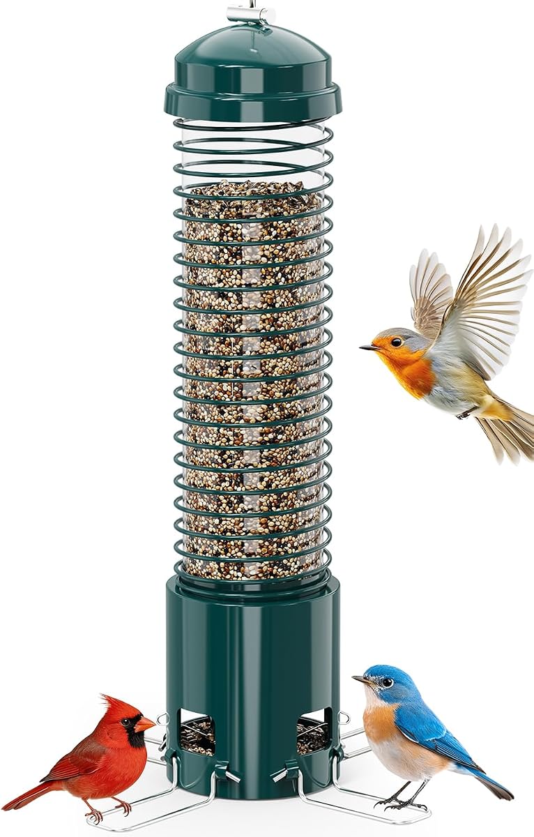 Comedero para pájaros a prueba de ardillas, comederos de metal para colgar al aire libre, gran capacidad de semillas de 3,6 libras para pájaros silvestres, pinzones, cardenales, arrendajos azules, carboneros, verde