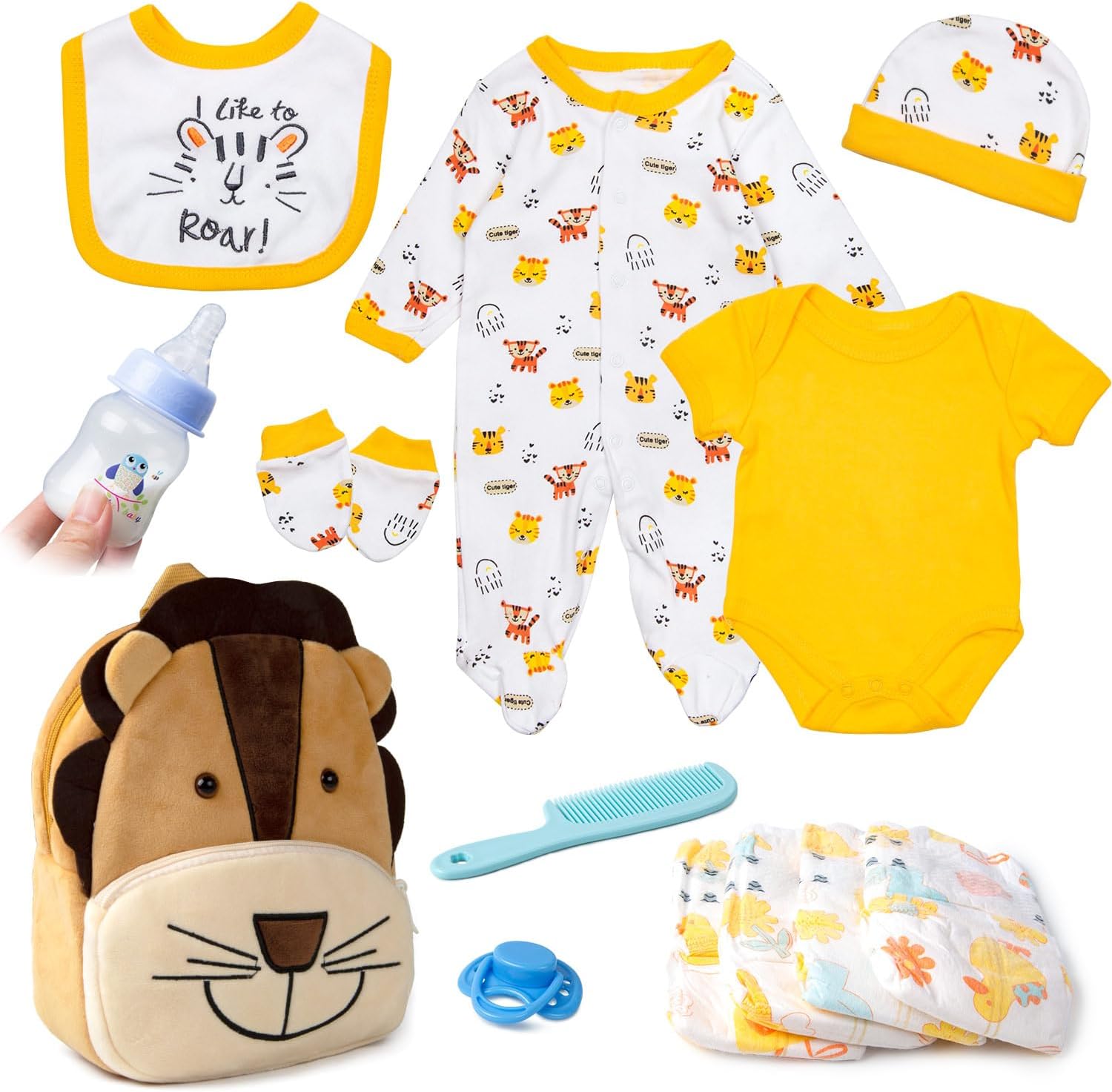 13 Pcs Reborn Baby Doll Accessories Boy 17-22 Inch Reborn Baby Clothes with Backpack Newborn Doll Outfit Diapers Cute Yellow Tiger Design
