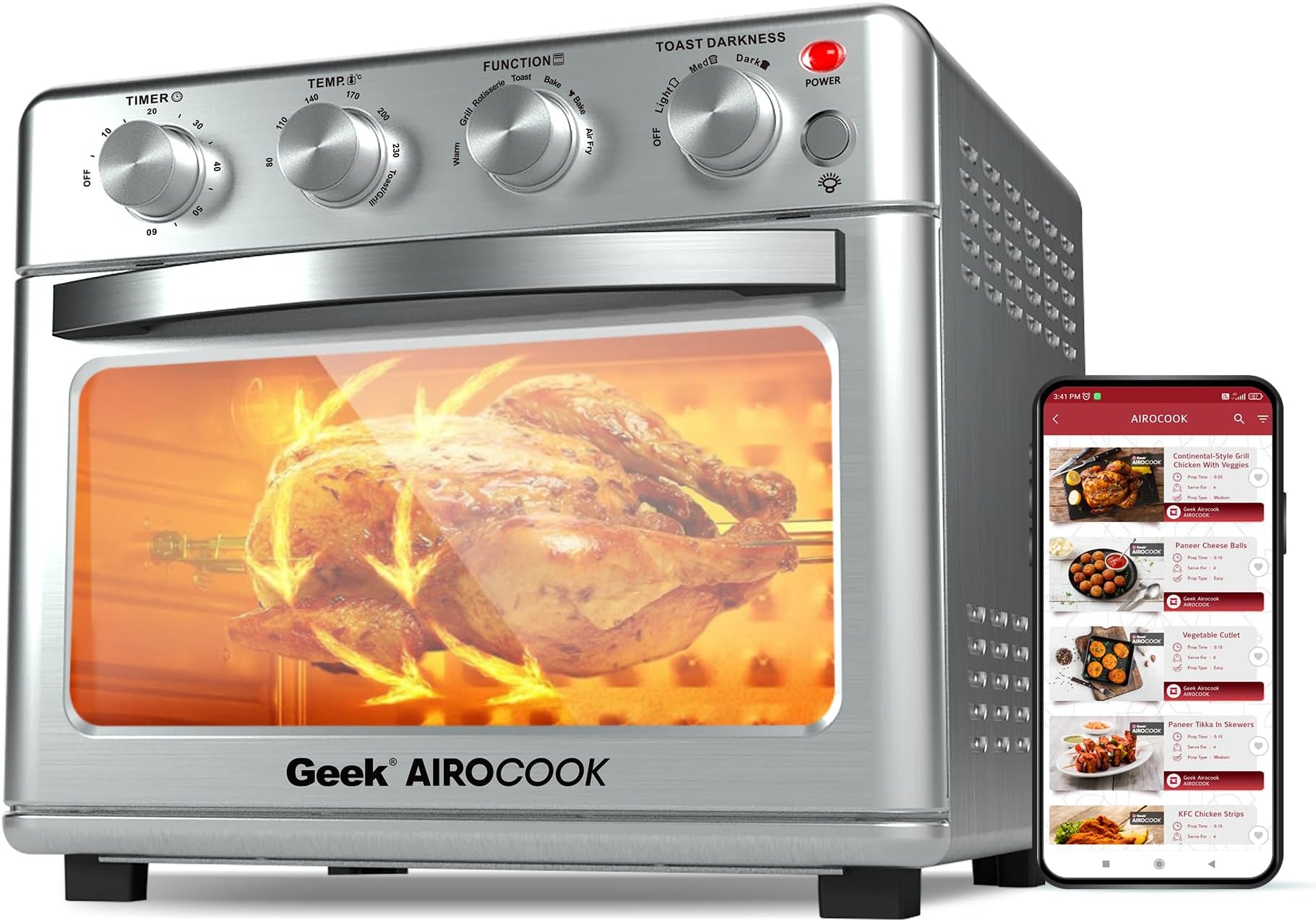 Geek AiroCook Iris Plus 25 Litre Electric Air Fryer Oven | 8 Preset Functions - Toast, Bake, Grill, Air Fry, Rotisserie & Warming | Recipe Book with 7 Accessories (1600 Watts)