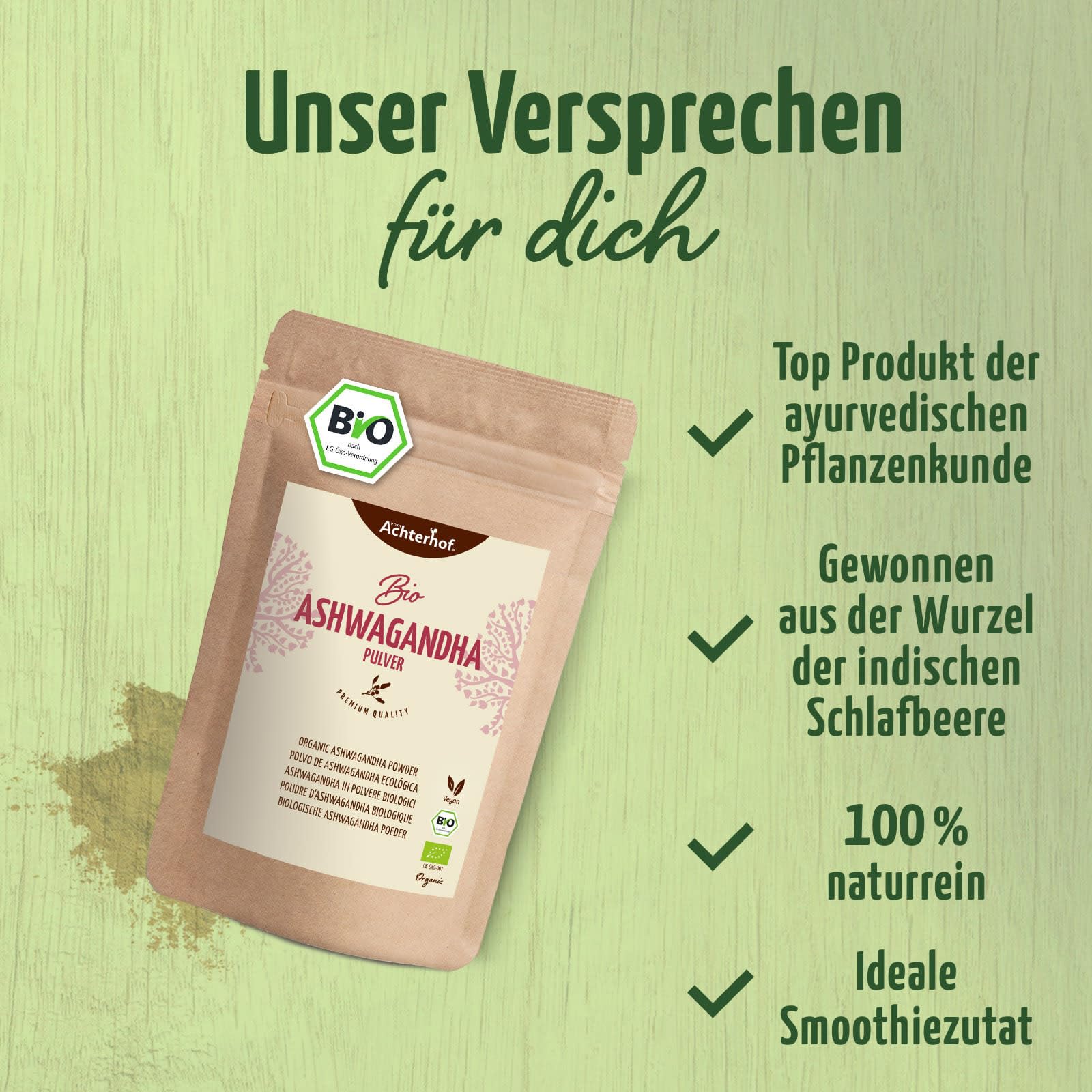 Ashwagandha poudre Bio 500g | véritable racine d'ashwagandha moulue d'Inde | ginseng indien | Ayurveda | idéal pour ajouter aux smoothies, jus et lait doré | vom Achterhof