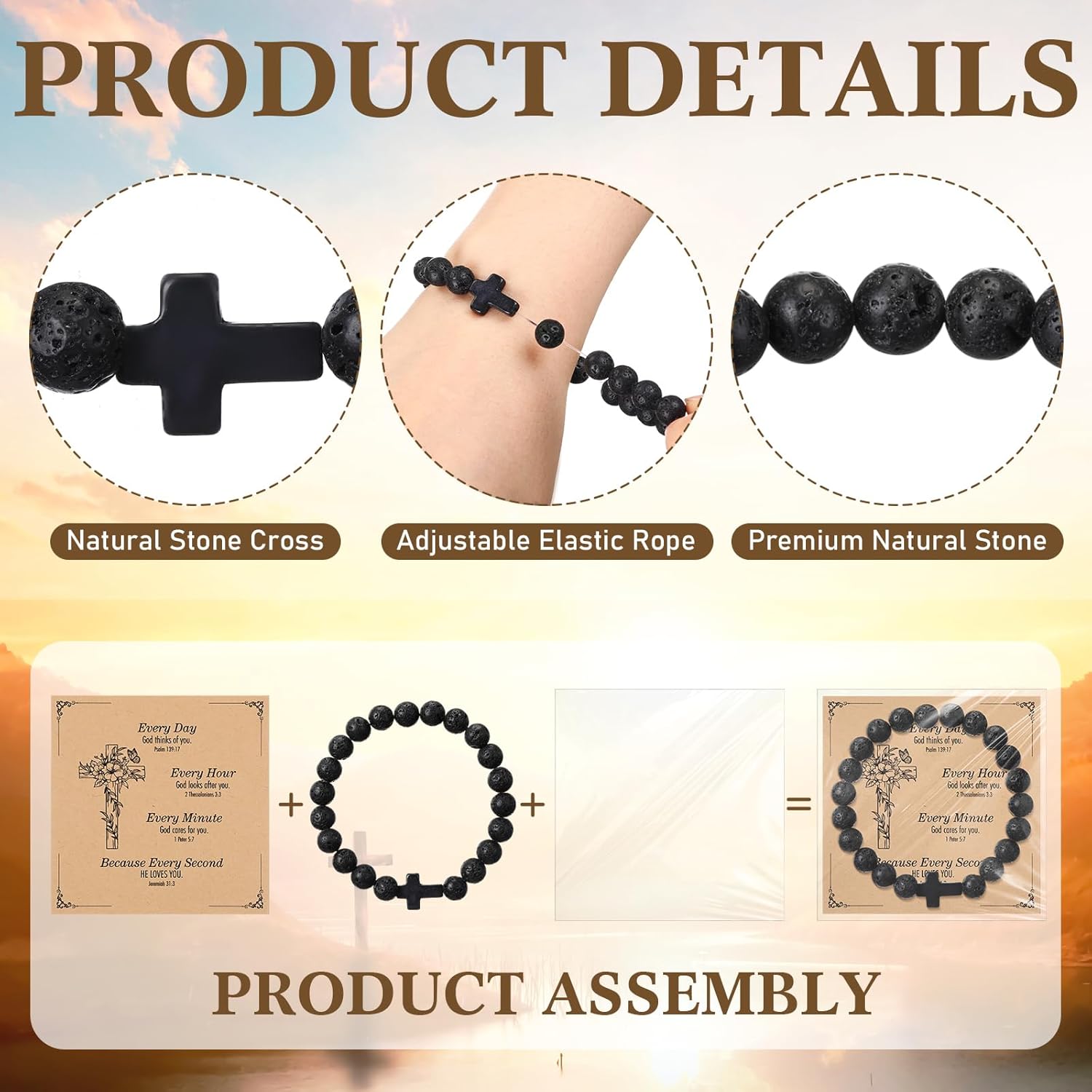 Highergo 12 Sets Christian Cross Beaded Bracelets Bulk for Women Natural Stone Bead Religious Jesus Bracelet Church Easter Gift - Image 4