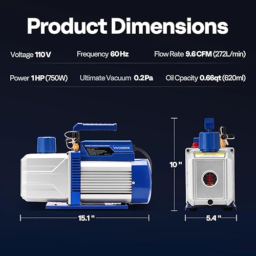 Miniatura 8 de VIVOHOME 1 bomba de vacío HP 9.6 CFM de doble etapa HVAC y medidor de colector de CA de 4 vías con detector de fugas mangueras de 5 pies y