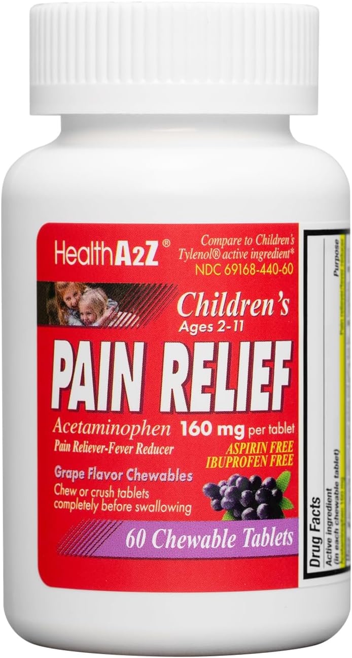 HealthA2Z® Children's Pain Relief, Acetaminophen 160mg, Grape Flavor Chewable Tablets, Aspirin Free, Ibuprofen Free, 60 Counts