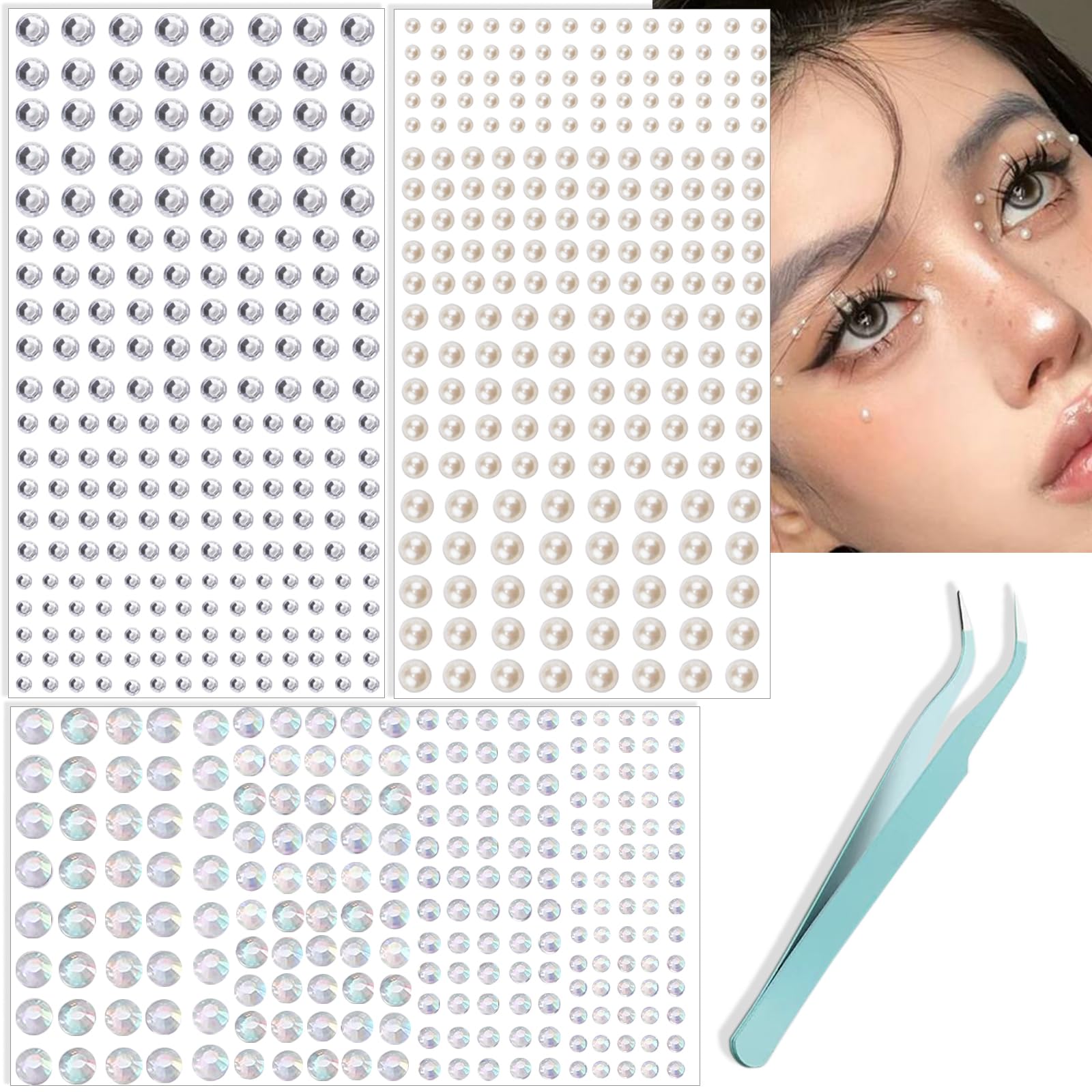 nooepc 660Pcs Self Adhesive Pearl Stickers Rhinestone Stickers with Tweezers 3/4/5/6 mm DIY Colorful Gem Eye Body Face Gems Jewels Embellishment Stickers Sheet Fits for Hair, Makeup, Eye, Nail, Crafts