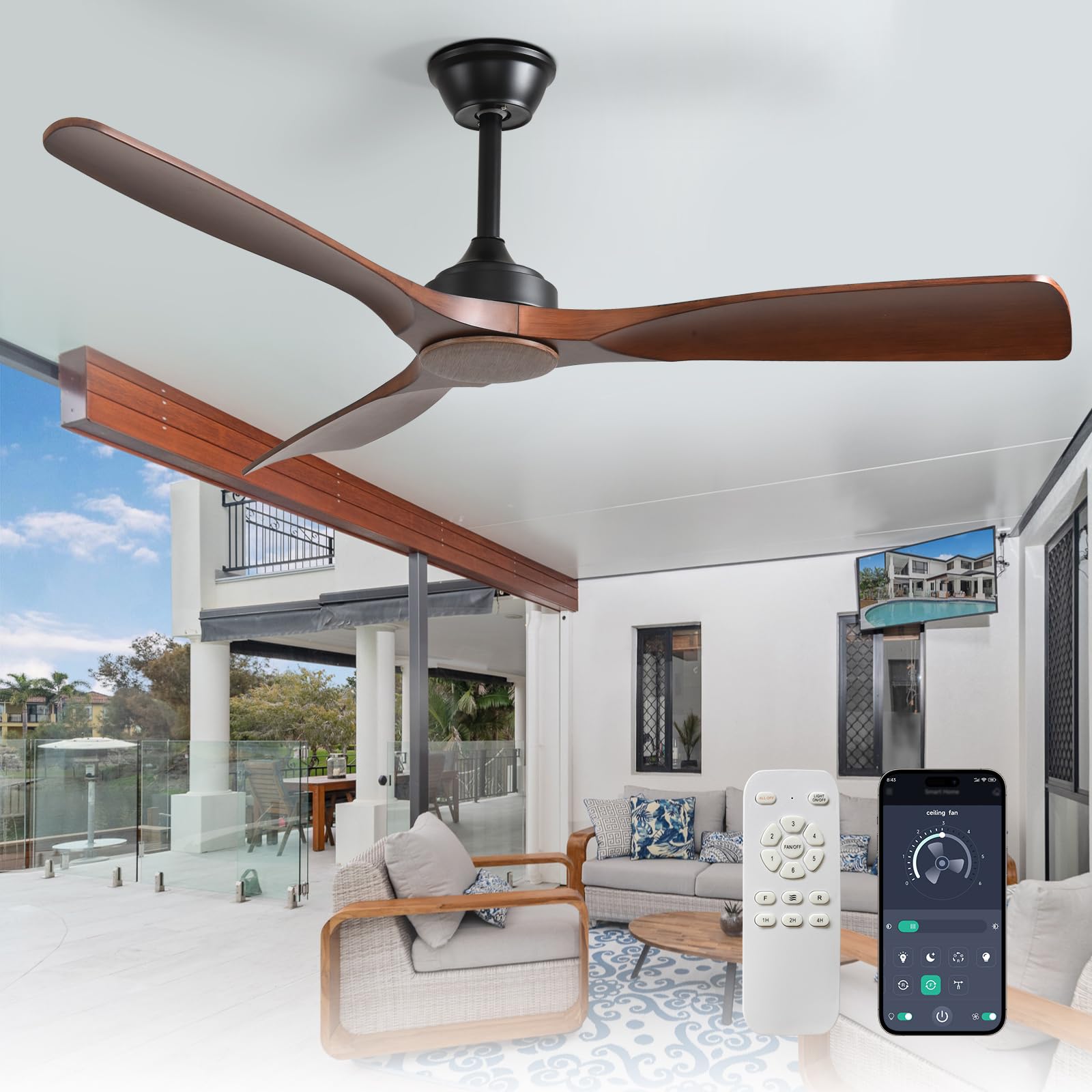 Depuley Ventilador de techo sin luz: Ventilador de exterior de 52 pulgadas con control remoto por aplicación para porches y terrazas - Ventilador de techo de nogal sin luz, reversible, 6 velocidades