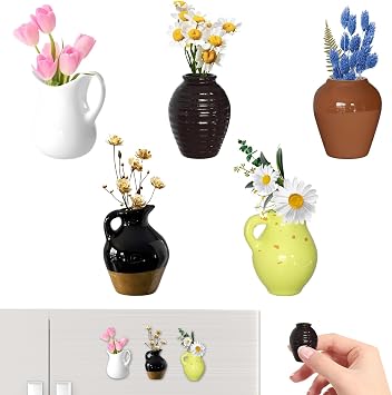 Mini Vase Magnets, 2025 New Cute Mini Vase Magnets for Fridge, Home Decor Kitchen and Office Decor, Ceramic Vase Refrigerator Accessories 5 Color