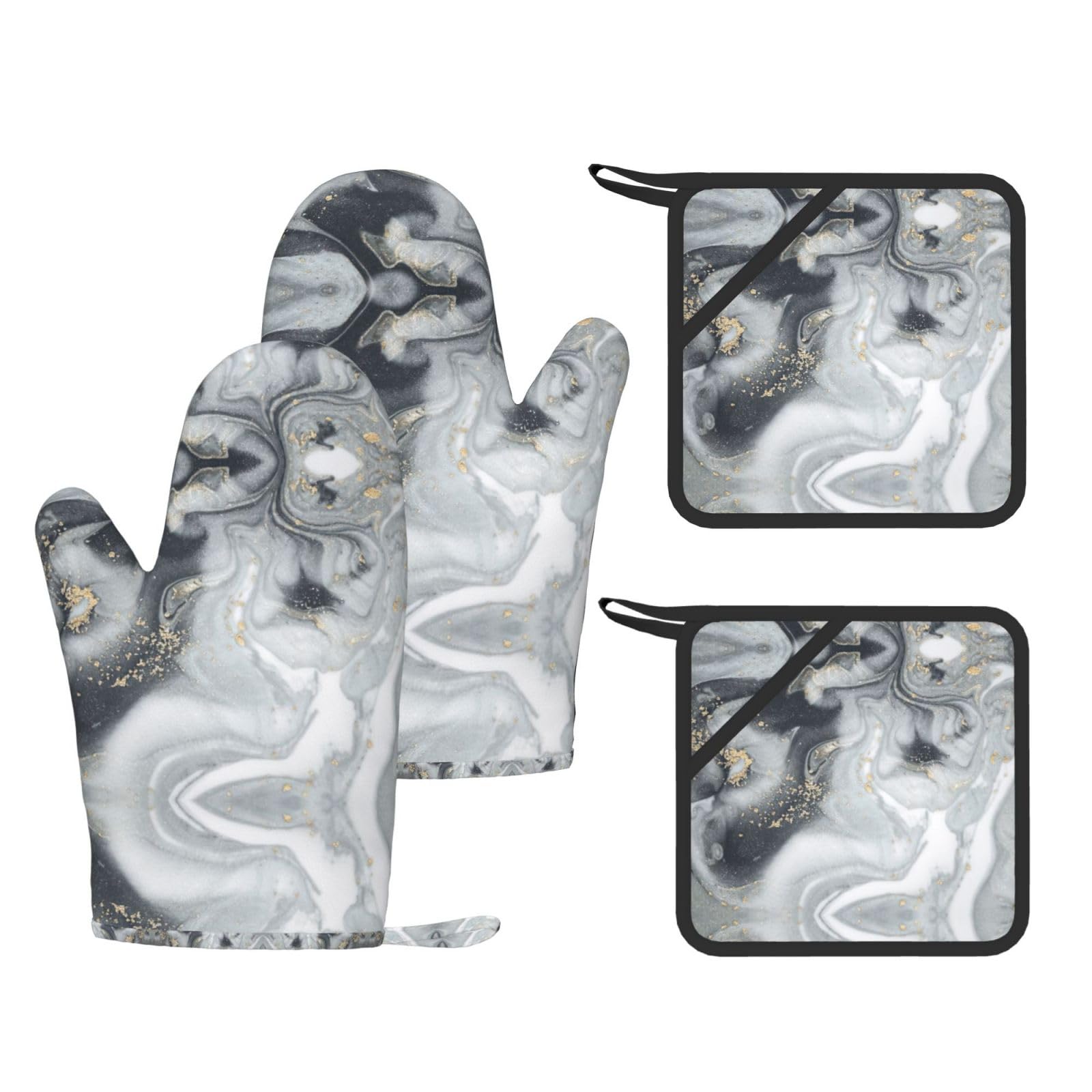 luxury Marble Printed Oven Mitts and Pot Holders Set of 4, Heat Resistant Silicone Gloves for Baking Grilling
