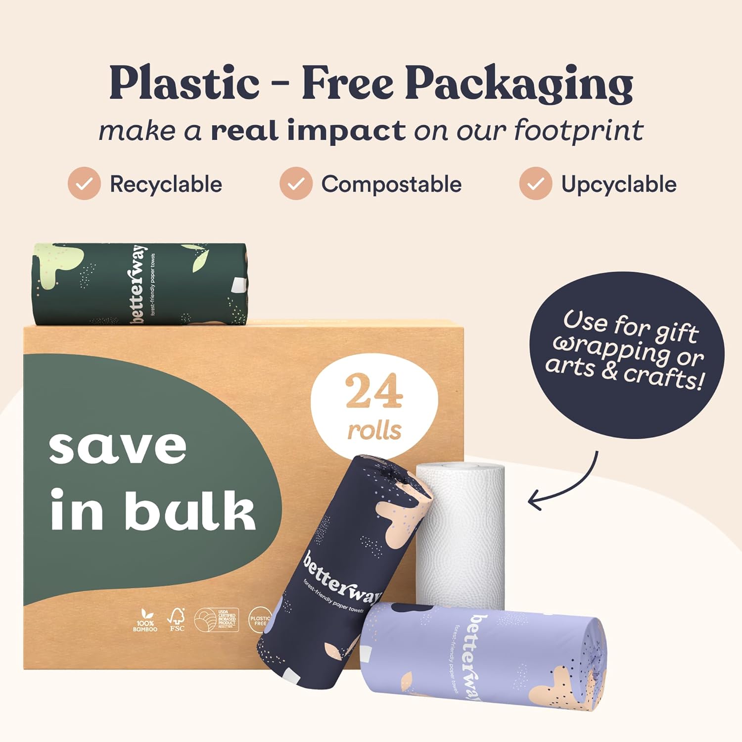 Betterway Bamboo Paper Towels - 24 Rolls, 2 Ply - Plastic Free, Disposable Kitchen Paper Towels - Select Size, Tree Free, Compostable, Strong & Absorbent