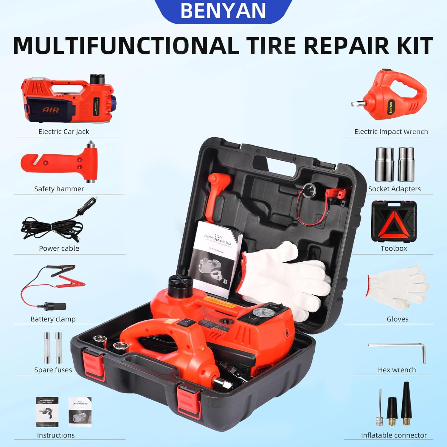 electric car jack kit 5 ton 12v floor jack with impact wrench and tire inflator pump portable hydraulic car jack for suv sedans tire change with led light, lifting height 6 to 17.7 inch red hydraulic jack+wrench